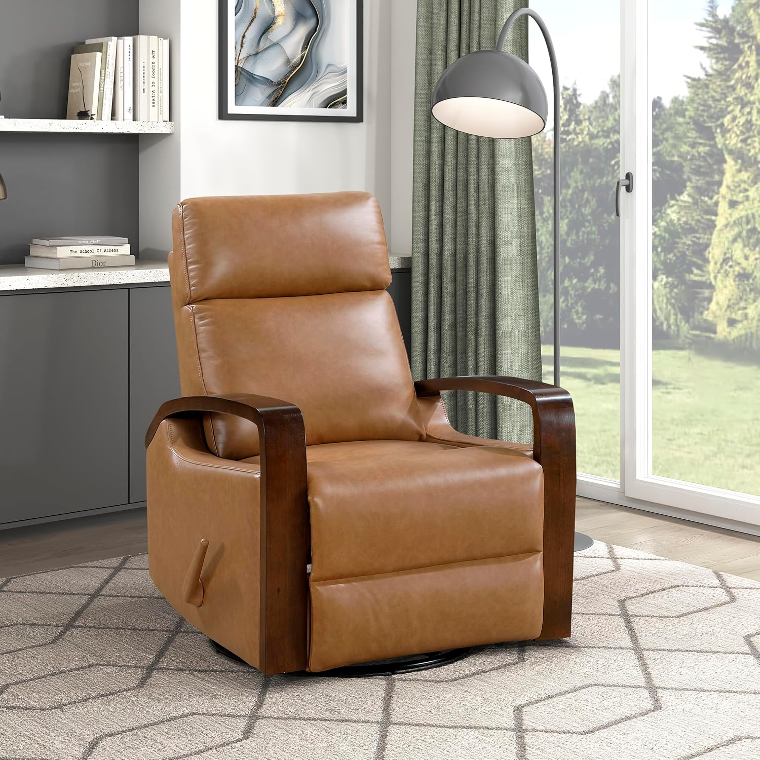Lexicon 360 Degree Swivel Glider Reclining Chair, Breathable Faux Leather Manual Recliner, Comfy Nursery Glider Recliner, Wood Arms, Pull Handle for Living Room/Office/Bedroom/Apartment, Camel Brown