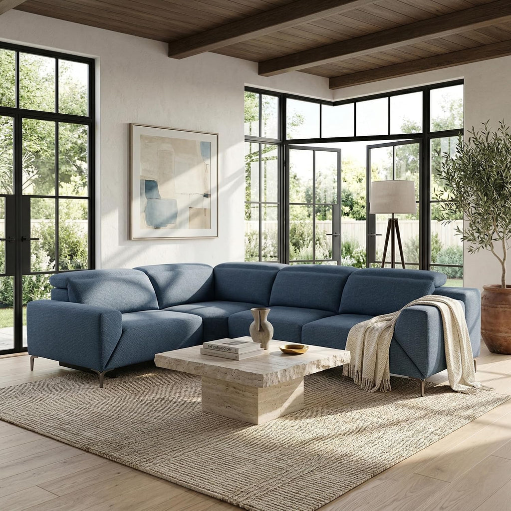 Furniture of America Kirel Modern Sectional Recliner with USB Ports, Adjustable Headrests and Swivel Armrest, Reclining Sofa, L Shape Couch for Living Room, Office, Home Theater, Playroom, Blue