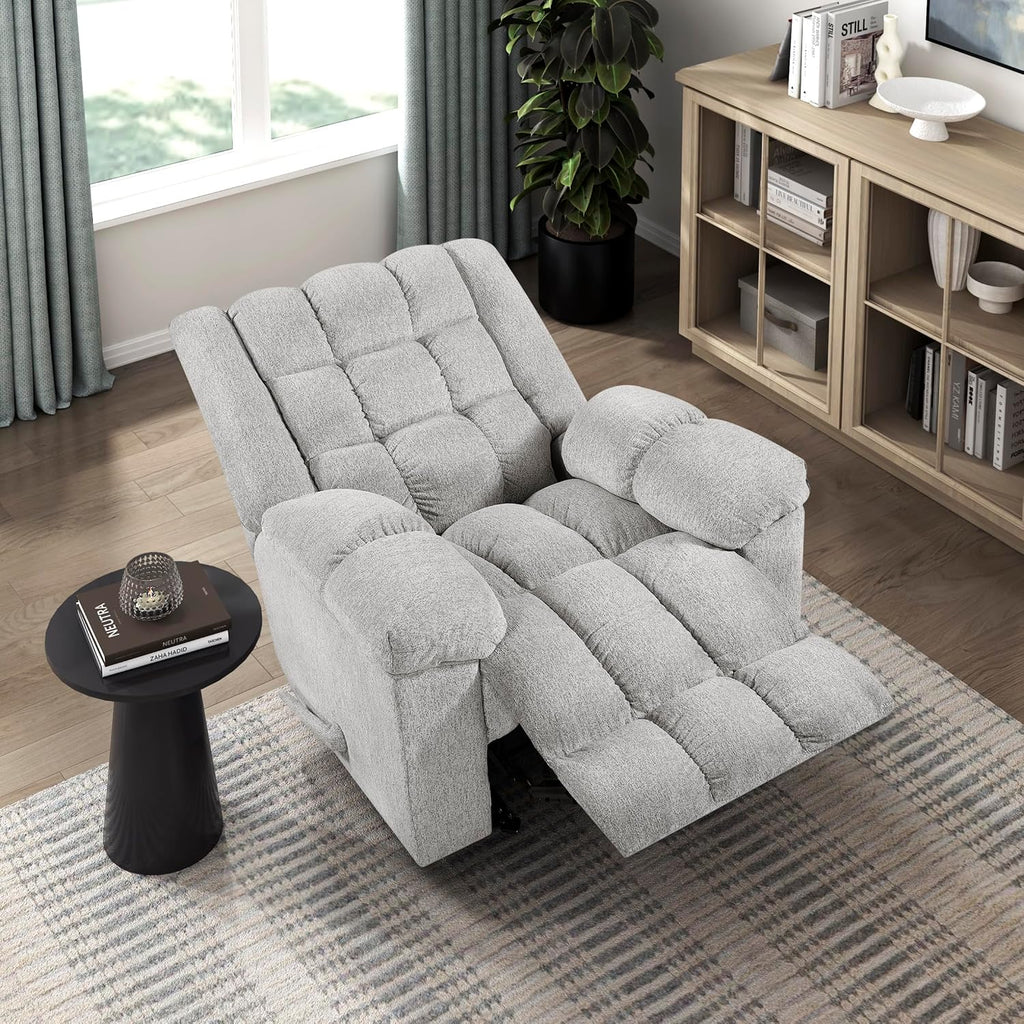 Lexicon Chenille Rocker Reclining Chair for Adults, Rocker Pull Handle Recliner, Nursery Chair for Living Room/Bedroom, High Back, Pillow Top Arms, High Density Foam Cushions, Light Grey