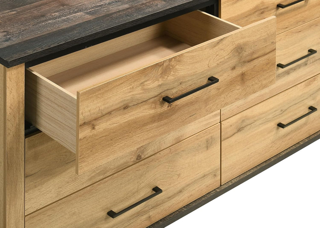 Coaster Home Furnishings - Kaywood - Engineered Wood - 6-Drawer Dresser with Mid-Century Modern Style, Two-Tone Design, Black Pull Handles, Weathered Brown Top Finish - Bedroom - Natural Pine - 225003