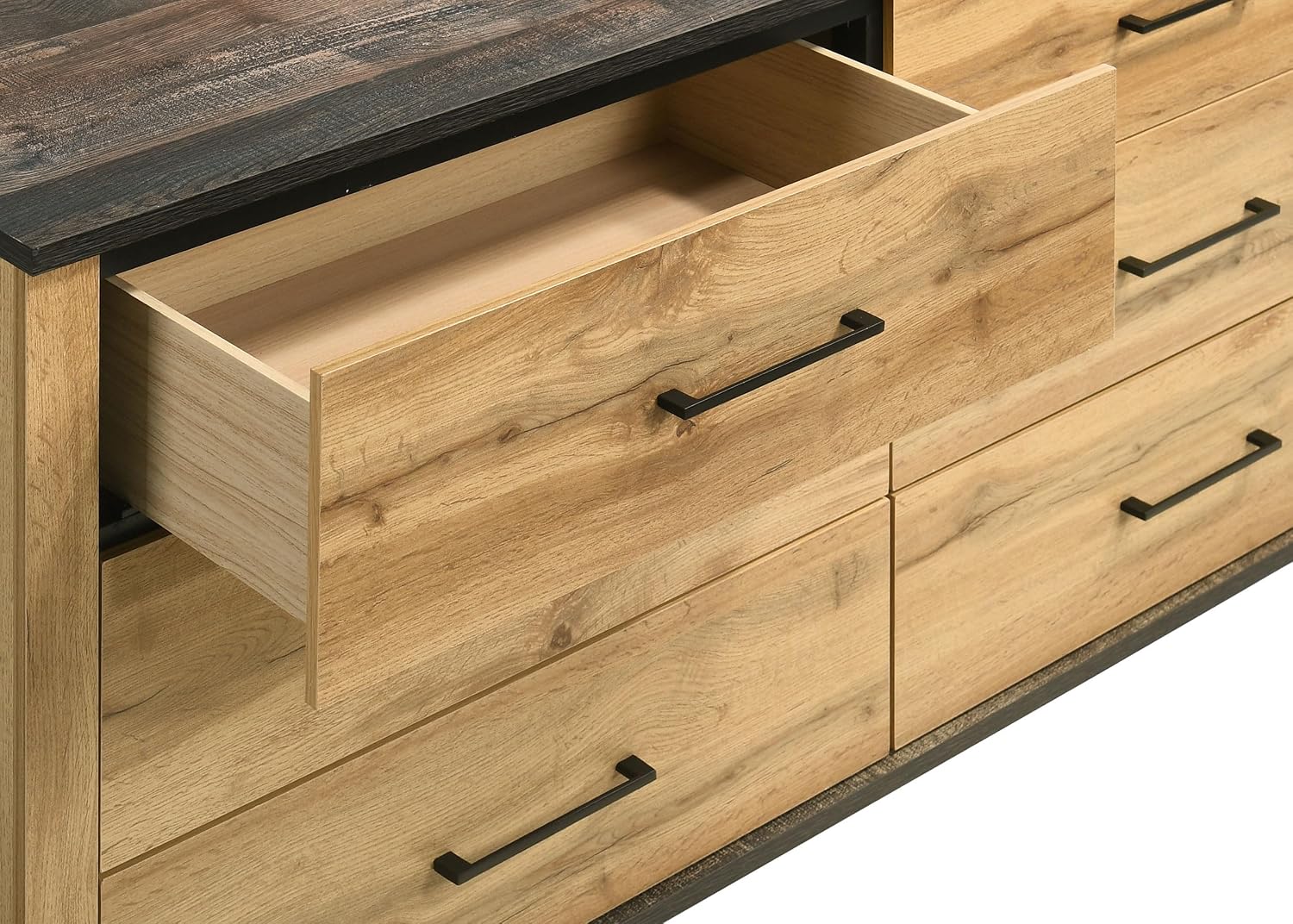 Coaster Home Furnishings - Kaywood - Engineered Wood - 6-Drawer Dresser with Mid-Century Modern Style, Two-Tone Design, Black Pull Handles, Weathered Brown Top Finish - Bedroom - Natural Pine - 225003