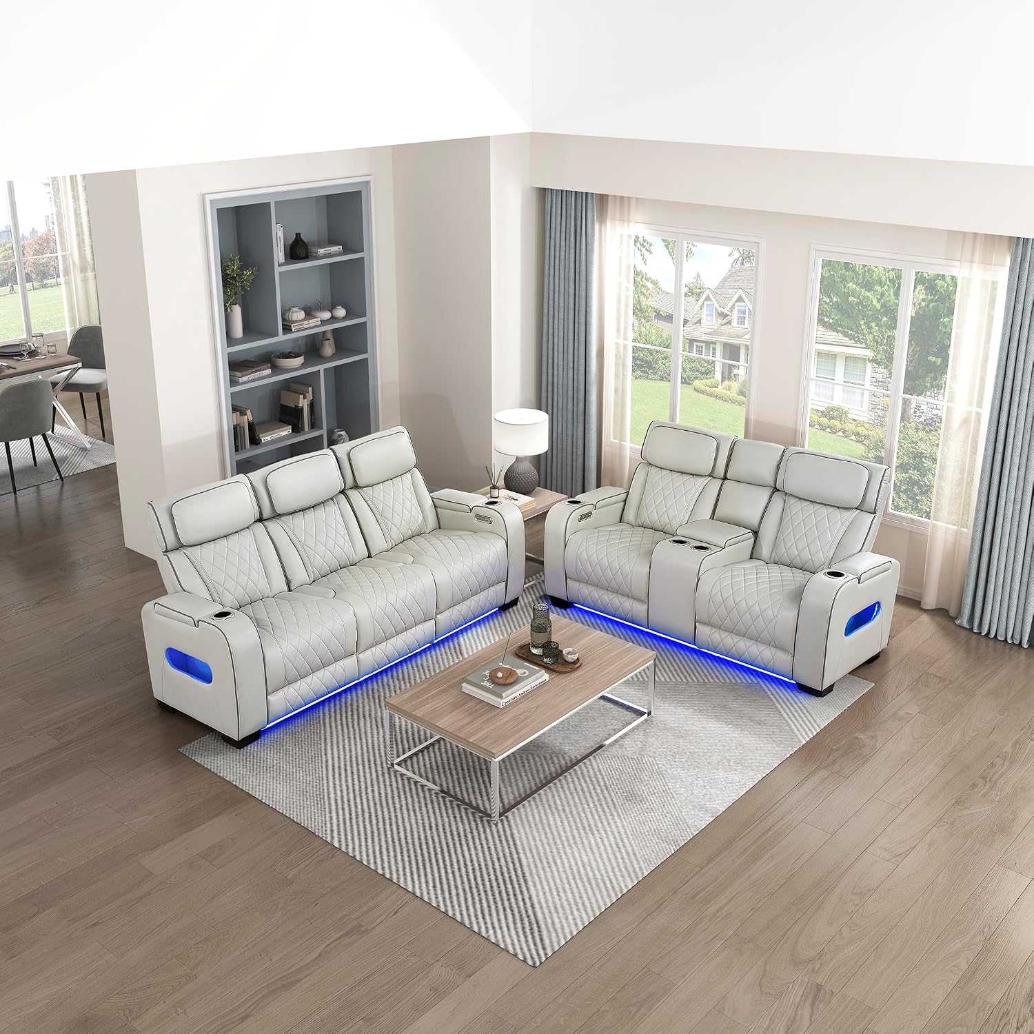 Lexicon Living Room Furniture Sets, Breathable Faux Leather Power Reclining Sofa Set, Home Theater Seating, Power Double Reclining RV Couch & Loveseat, 2 Piece Sets, Taupe