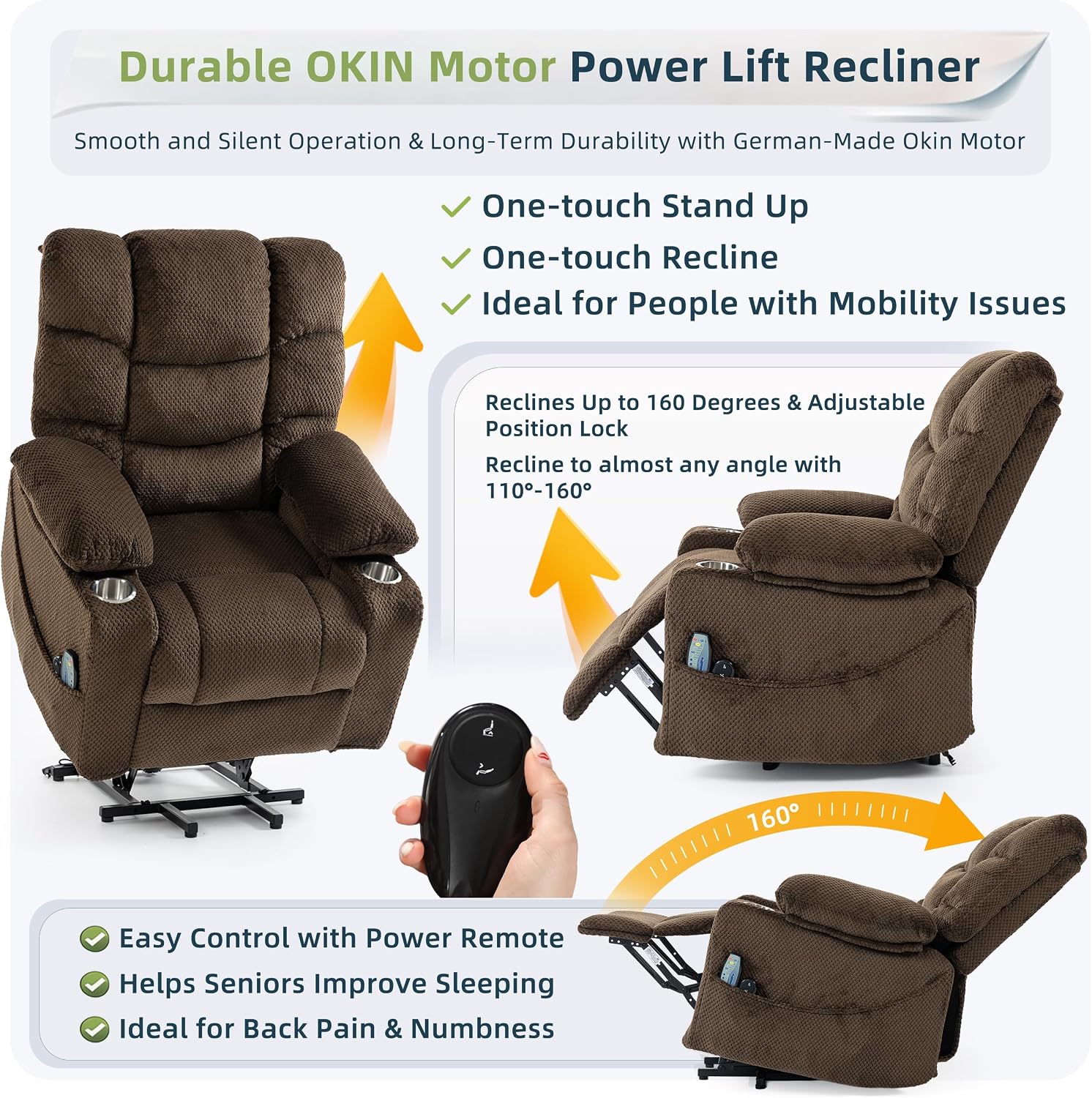 Power Lift Recliner Chair for Elderly, Overstuffed Back Lift Chair with Massage/Heat, Power Recliner Lay Flat 160° Cup Holders for Living Room（Brown）