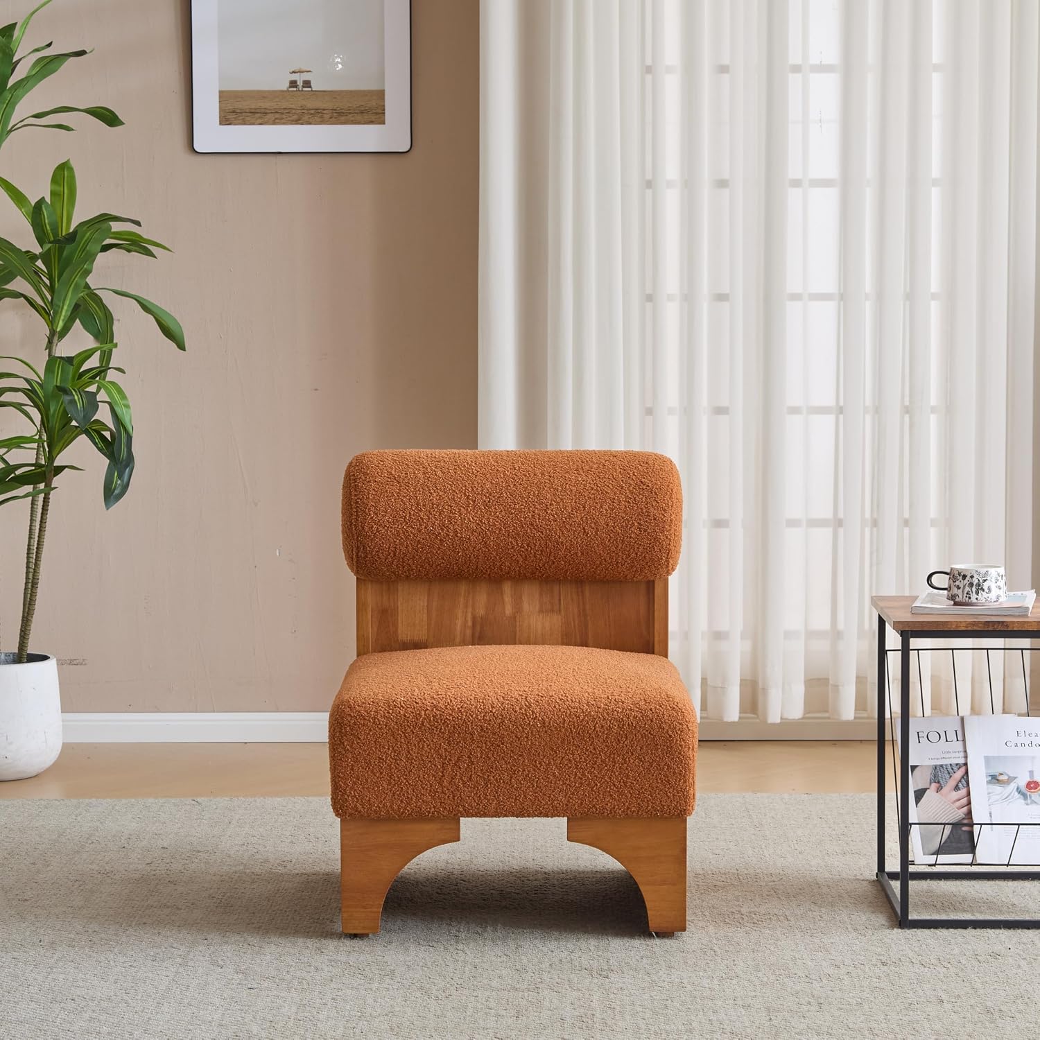 Christopher Knight Home Devon Modern Minimalist Boucle Fabric Upholstered Accent Chair,Wooden Lounge Chair with Rolled Backrest+Soft Padded Seat,Comfy Reading Chair,Living Room/Bedroom,Brownish Orange