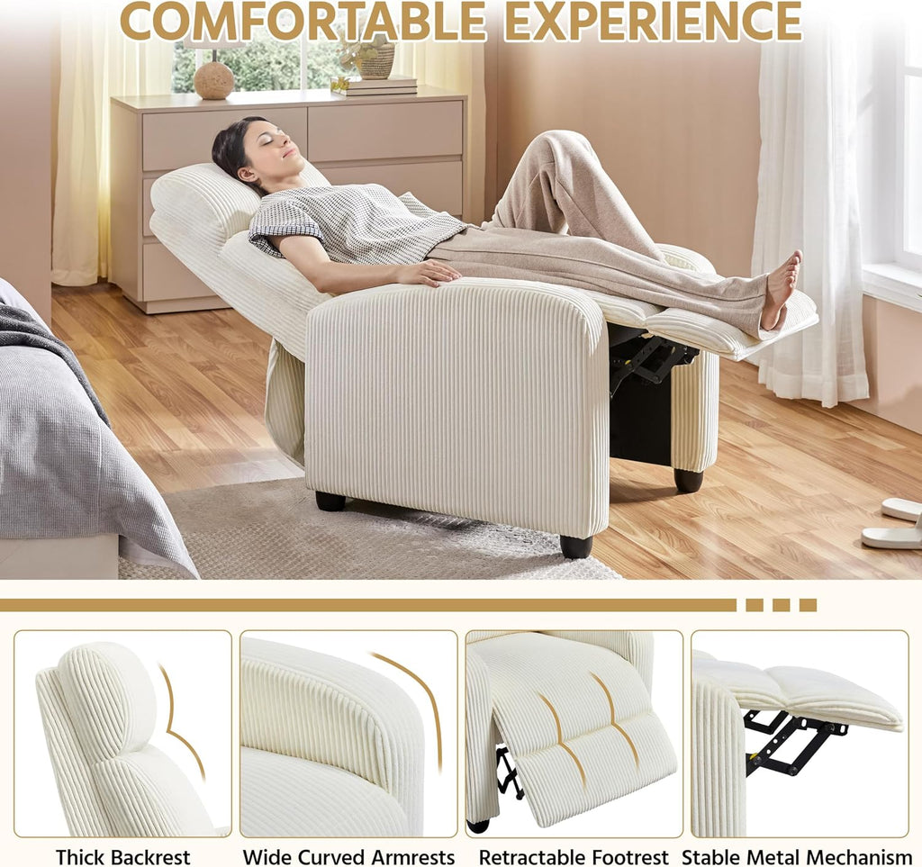 Topeakmart Corduroy Recliner Sofa Mid-Century Recliner Chair Single Reclining Chair Upholstered Sofa for Living Room Bedroom Home Theater Beige