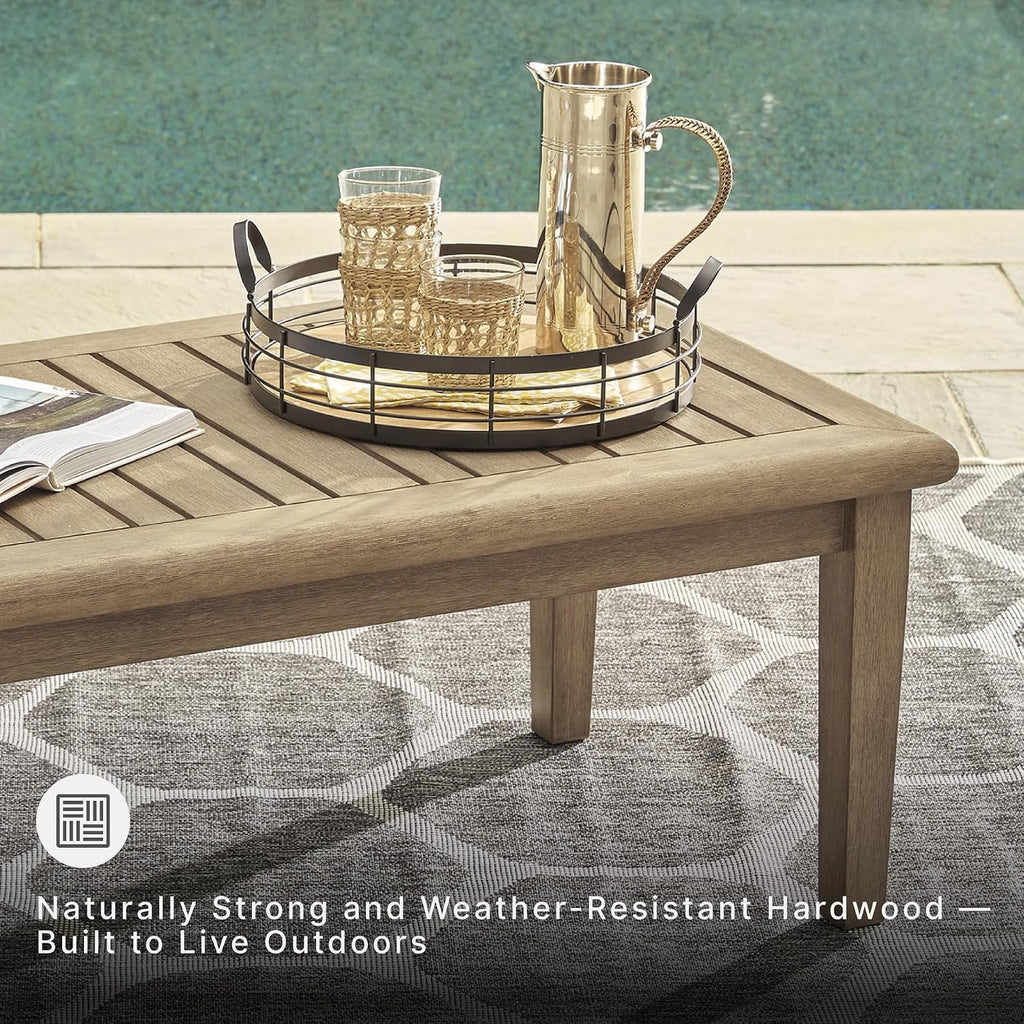 Signature Design by Ashley Gerianne Outdoor Coffee Table, Eucalyptus Wood With 5‑Step Protective Finish & Slatted Top for Rain Shedding, Durable for Outside Patio Use, Brown