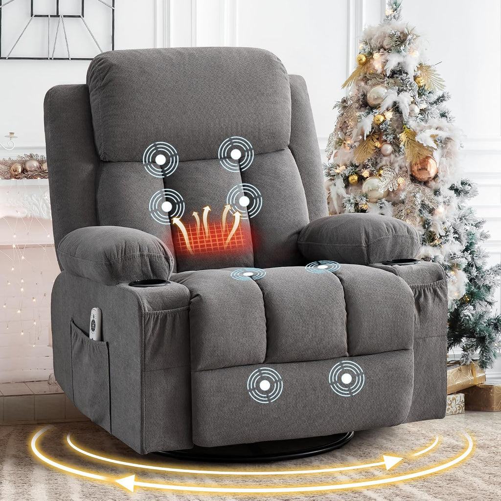 MAHOMICO Swivel Rocker Recliner Chair with Vibration Massage and Heat for Living Room,with Rocking Function and Side Pocket, USB Charge Port,2 Cup Holders