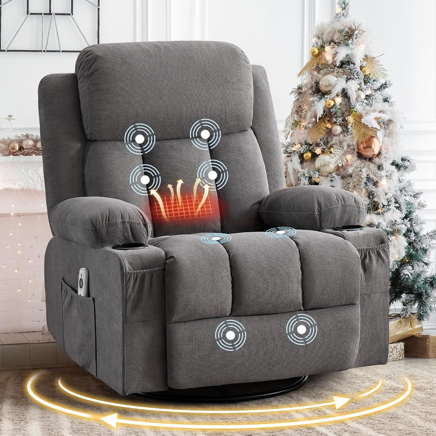 MAHOMICO Swivel Rocker Recliner Chair with Vibration Massage and Heat for Living Room,with Rocking Function and Side Pocket, USB Charge Port,2 Cup Holders