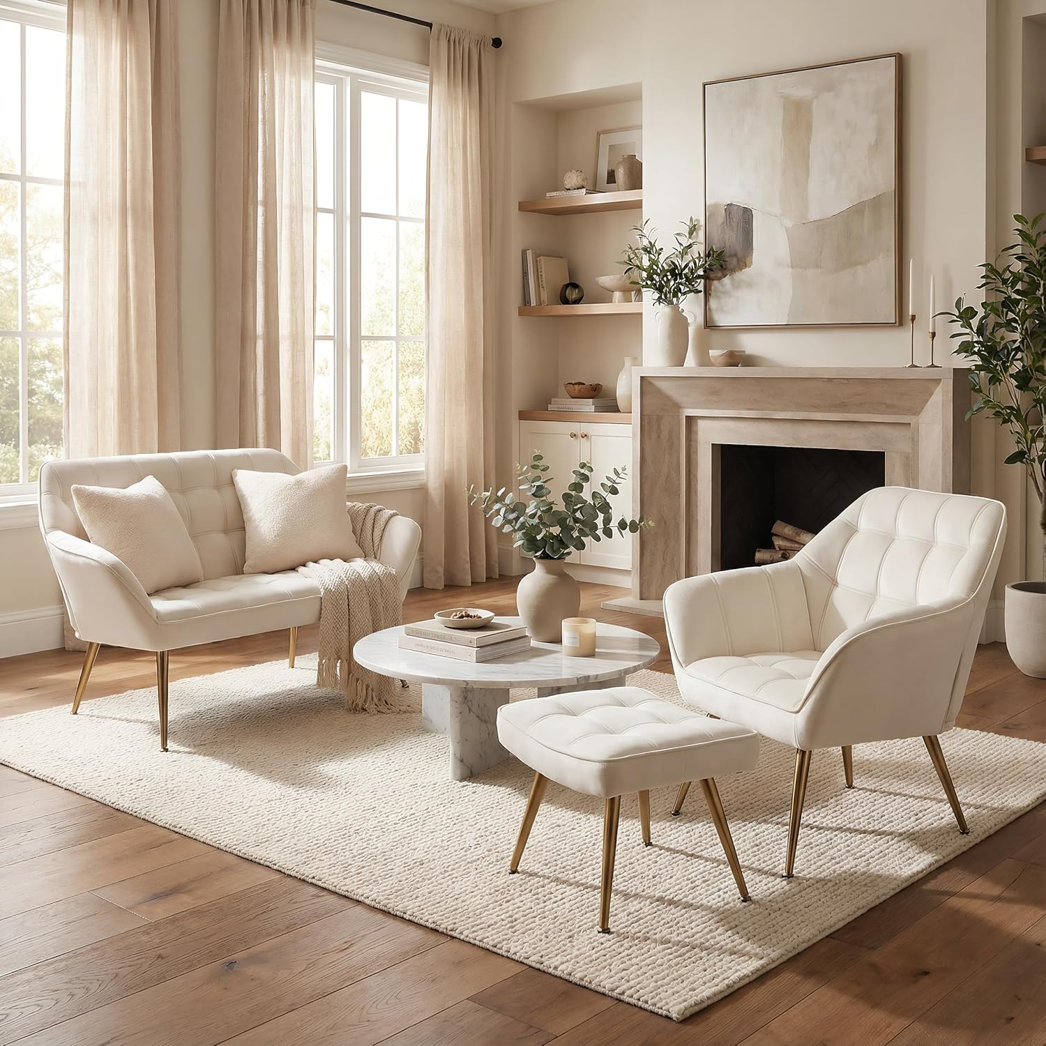 48'Small Loveseat Sofa, Modern Velvet Upholstered Mini Couch 2-Seater Fluffy Love Seat with Quilting Backs and Metal Legs for Small Space Living Room, Bedroom, Beige