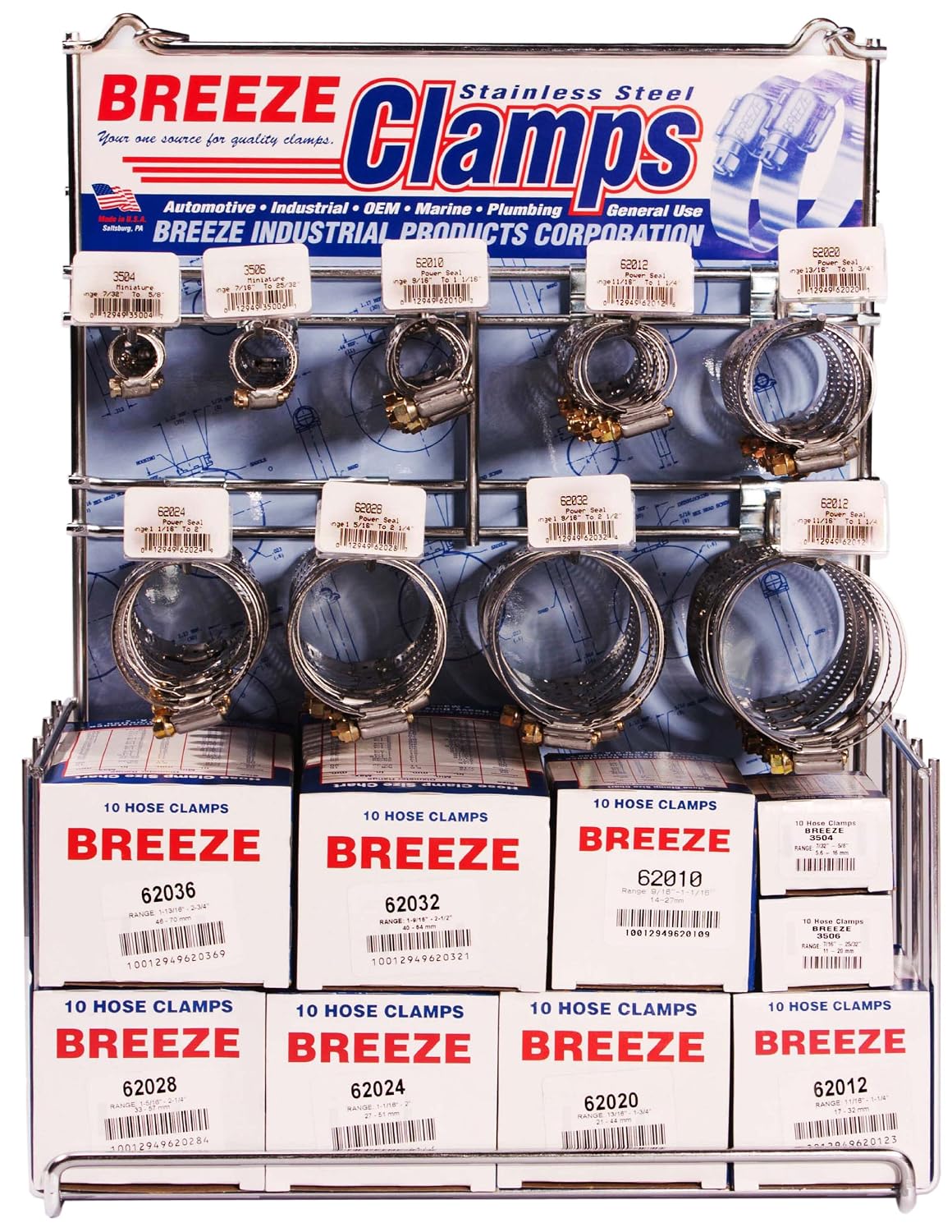 Hose Clamp Display Assortment, Automotive Assortment, 1 assortment contains: 300 assorted Automotive Clamps, one 6100 Empty Rack