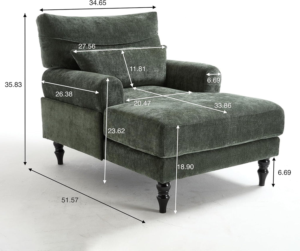 KEIKI Chaise Lounge Chair Indoor, Modern Leisure Sleeper Sofa Chair w/Double Deep Cushion, Accent Upholstered Reading Side Armchair, Recliner Arm Chairs for Living Room & Bedroom, Easy Assembly, Green