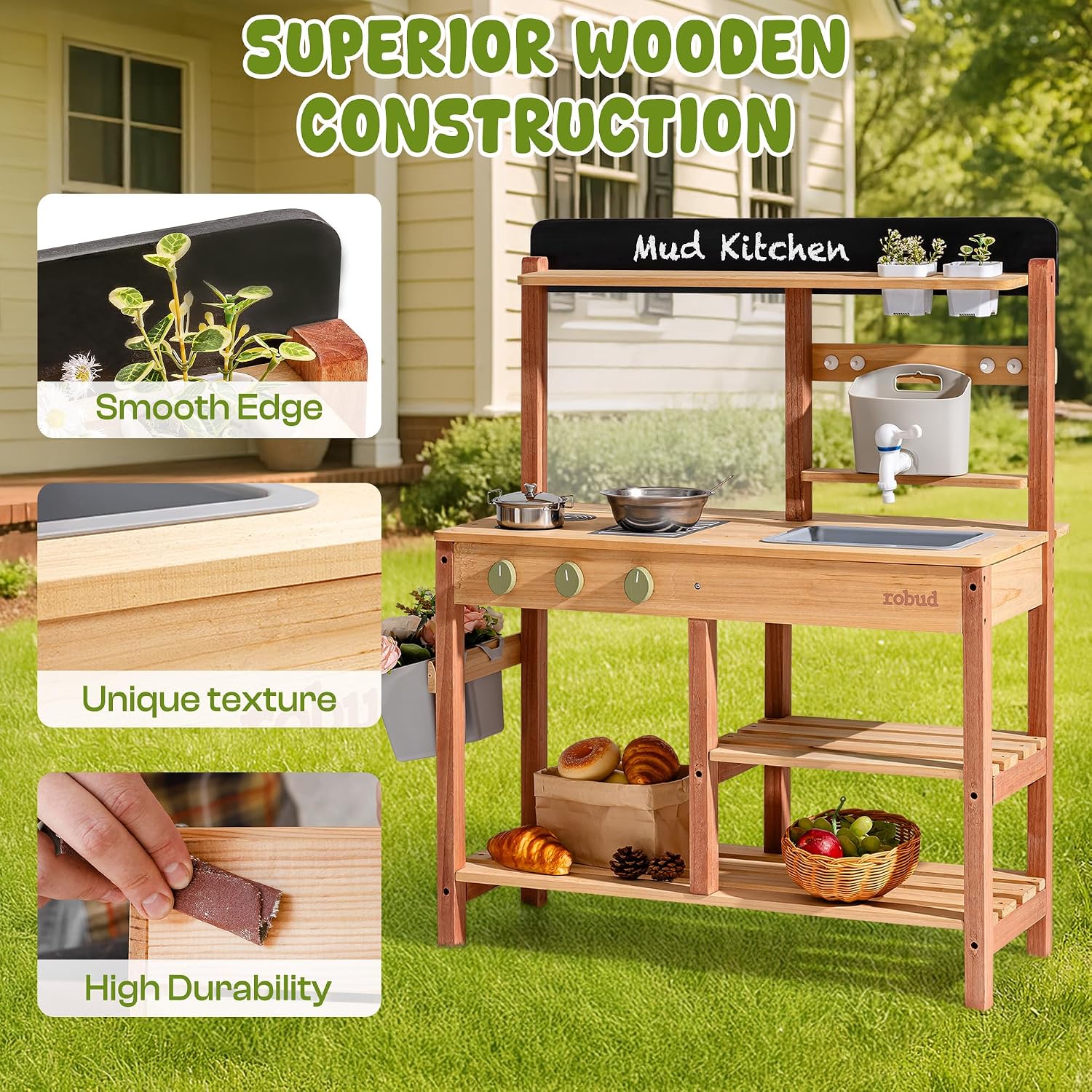 Robud Mud Kitchen, Wooden Outdoor Kitchen for Kids, Pretend Play Set with Sink, Faucet, Planting Pots, Cooking Accessories, Ideal Gift for Boys Girls Ages 3+