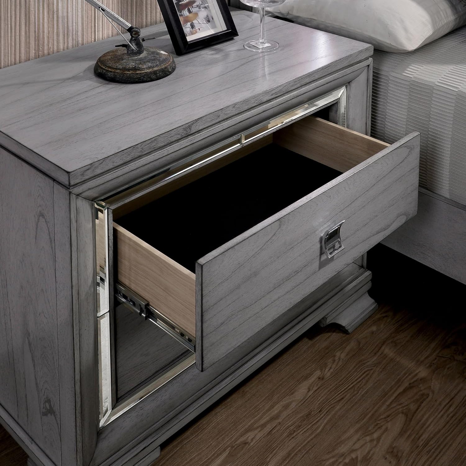 HOMES: Inside + Out Zenka Solid Wood 2-Piece Dresser and Nightstand Set with Metal Pulls, Mirror Trim, Felt-Lined Top Drawer, Easy Assembly for Bedroom, Guest Room, Light Gray