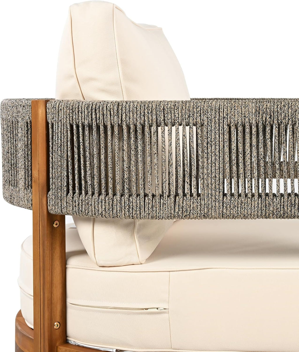 Christopher Knight Home Rekker Patio Acacia Wood 3-Seater Sofa, Patio Furniture Set 3-Seater Outdoor Sofa, Tub Design Outdoor Couch with Woven Rope and Removable Cushion,Comfy Reading Chair,Teak+Beige