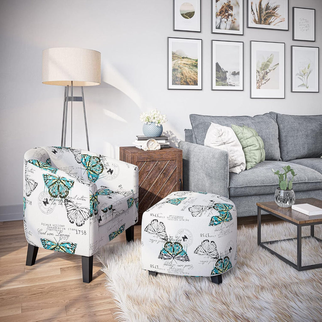 BELLEZE Accent Ottoman Set, Modern Upholstered Curved Back Chair, Barrel Round Tub Reading Chair and Footrest for Living Room Bedroom - Butterfly White/Linen