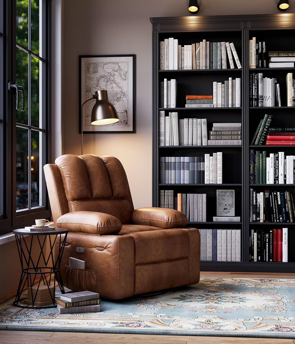 IDEALHOUSE Power Recliner Chair with Massage and Heat, Leather Fabric Reclining Sofa Chair, 360° Swivel Recliner Chairs with Cup Holder for Living Room, Bedroom, Nursery, Retro Brown