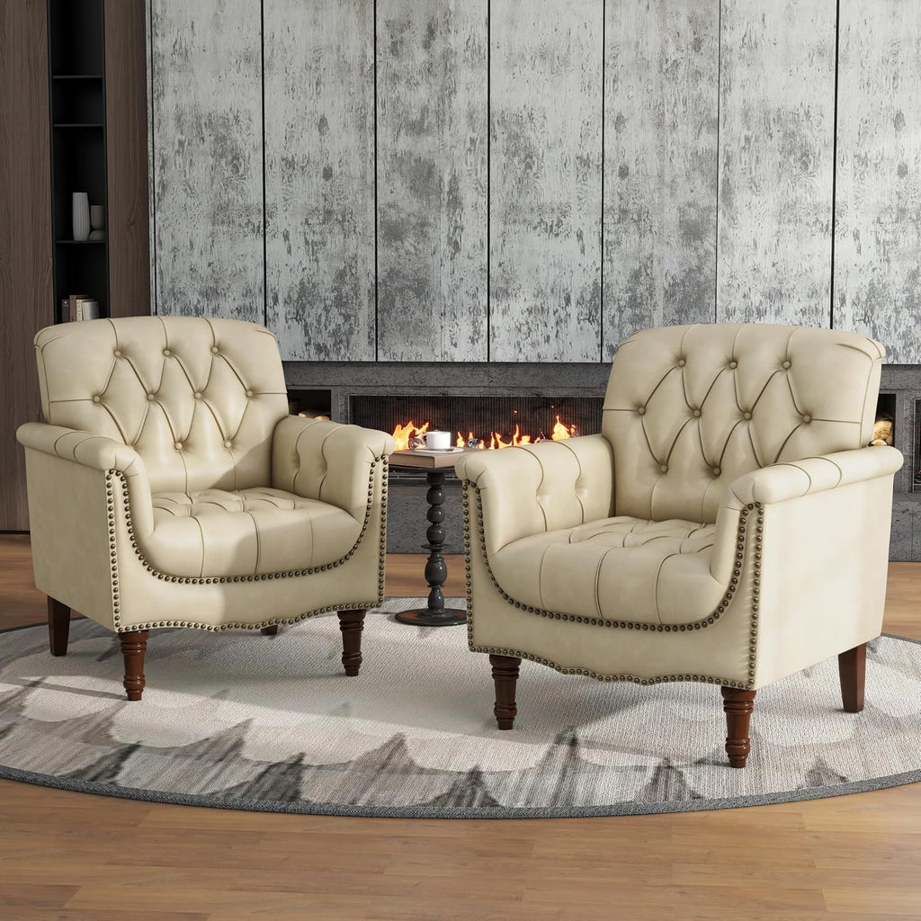 Lumibee Faux Leather Armchairs, Contemporary Accent Chairs Set of 2 with Nailhead Trims & Wood Legs for Living Room, Upholstered Comfy Arm Chairs for Office,Bedroom-Beige
