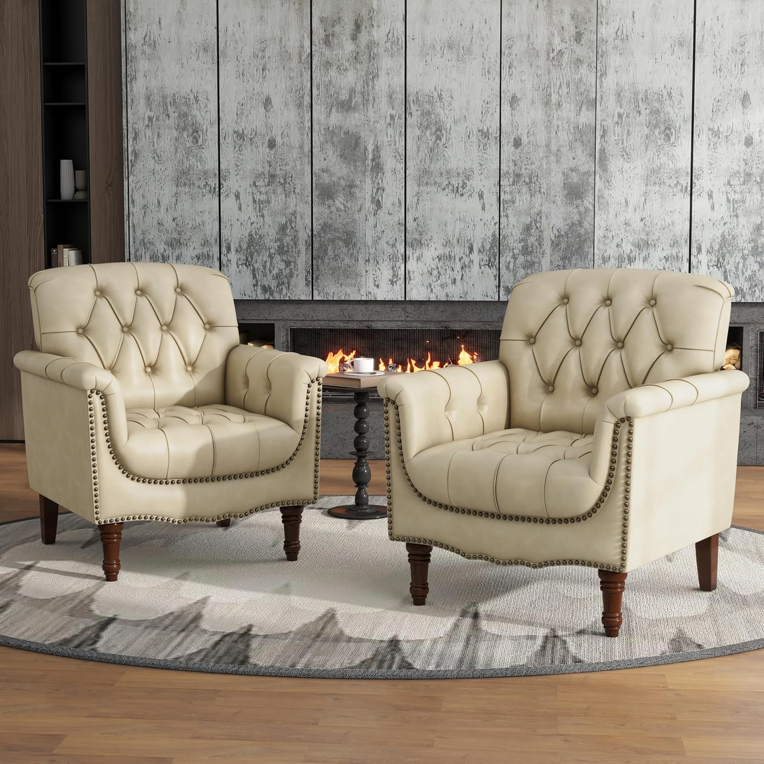 Lumibee Faux Leather Armchairs, Contemporary Accent Chairs Set of 2 with Nailhead Trims & Wood Legs for Living Room, Upholstered Comfy Arm Chairs for Office,Bedroom-Beige