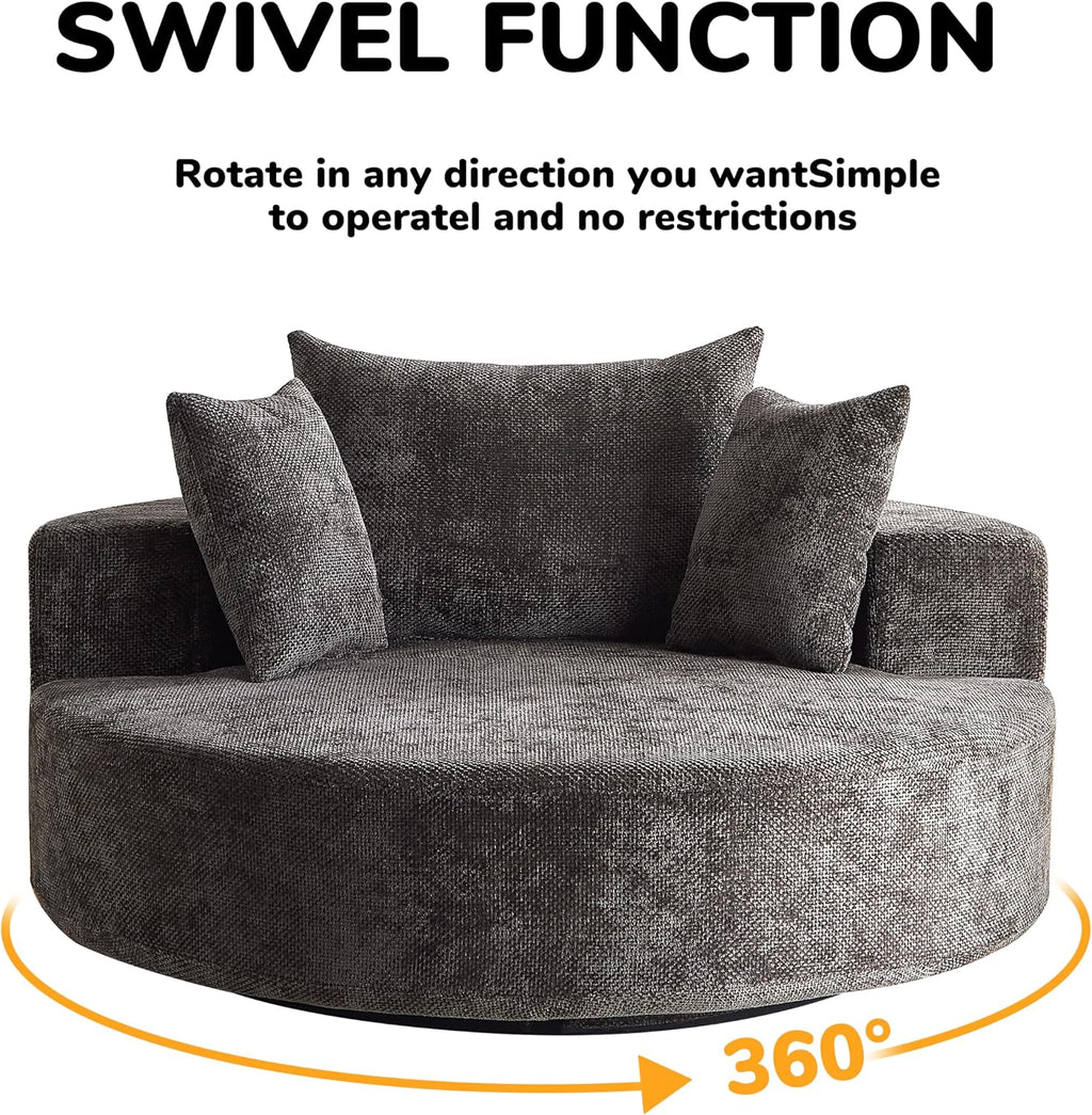 KEIKI 55' Oversized Swivel Accent Chair, Chenille Large Barrel Chairs, Upholstered Round Swivel Chair Single Sofa Armchair, Sleeper Chair for Living Room, Lounge, Black