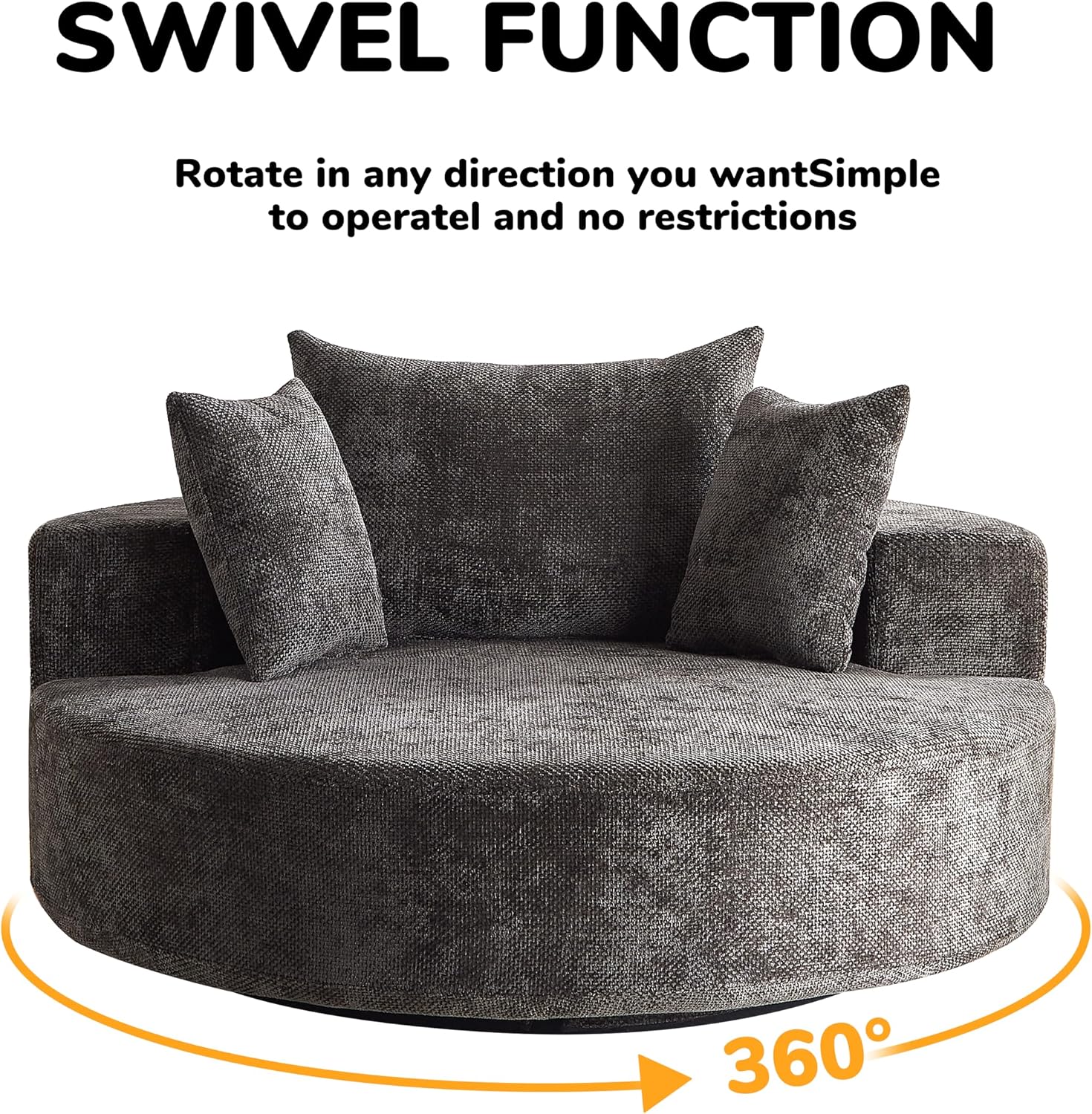 KEIKI 55' Oversized Swivel Accent Chair, Chenille Large Barrel Chairs, Upholstered Round Swivel Chair Single Sofa Armchair, Sleeper Chair for Living Room, Lounge, Black