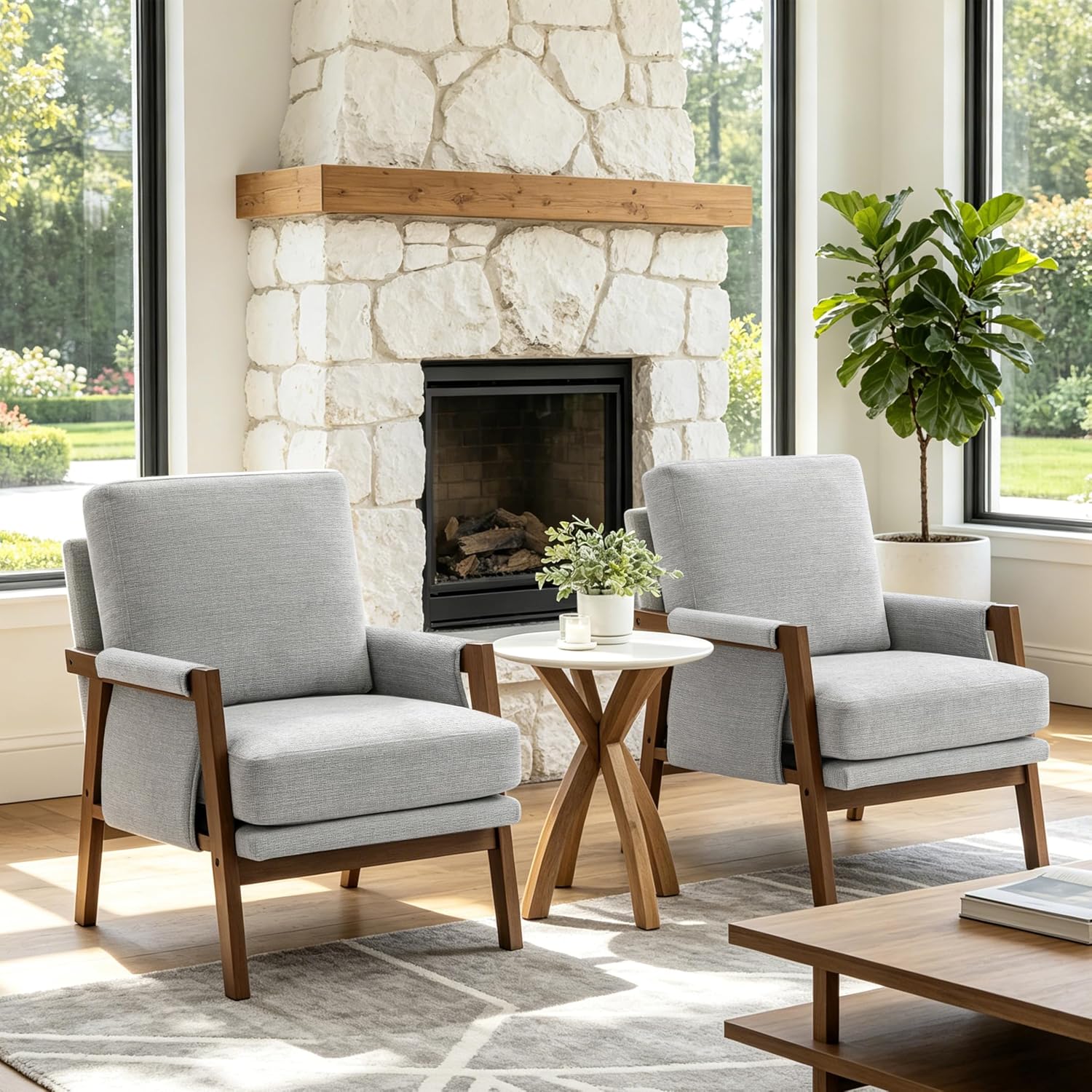 RNKSFX Accent Chairs for Living Room Set of 2, Modern Arm Chairs for Bedroom, Wooden Upholstered Mid Century Accent Chairs, Grey