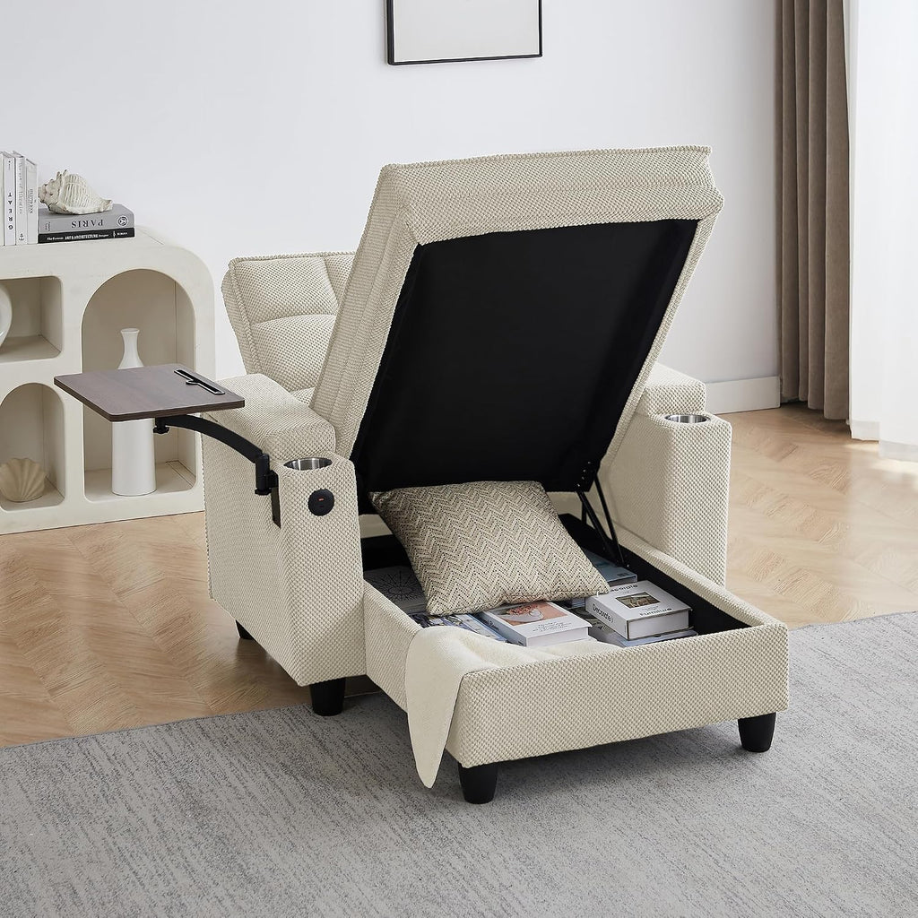Eafurn 6-Position Adjustable Convertible Chaise Lounge Sleeper Chair with Storage, Modern Recliner Armchair with Swivel Tray Table & USB Port, Multi-Functional Tufted Accent Chair for Small Space