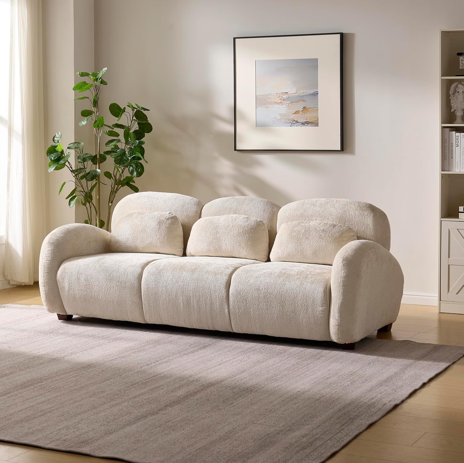 Christopher Knight Home Perla Modern Fabric Upholstered 3 Seater Sofa Couch with Pillow, Wooden Home Sofa Living Room, Comfy Cloud Couch for Bedroom, Apartment, Home Office, Light Beige
