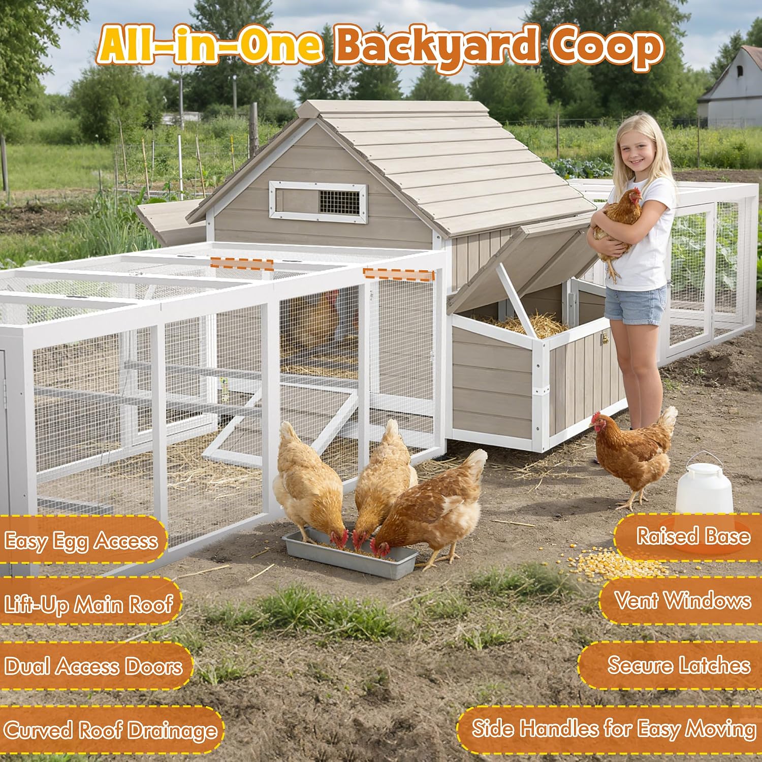 Ketive Extra Large Chicken Coop with 2 Runs for 8–10 Chickens Outdoor Wooden Hen House Poultry Cage with 6 Nesting Boxes, Dual Ramp Doors, Slide-Out Tray & Curved Roof (198.6' L x 38' W x 40.2' H)