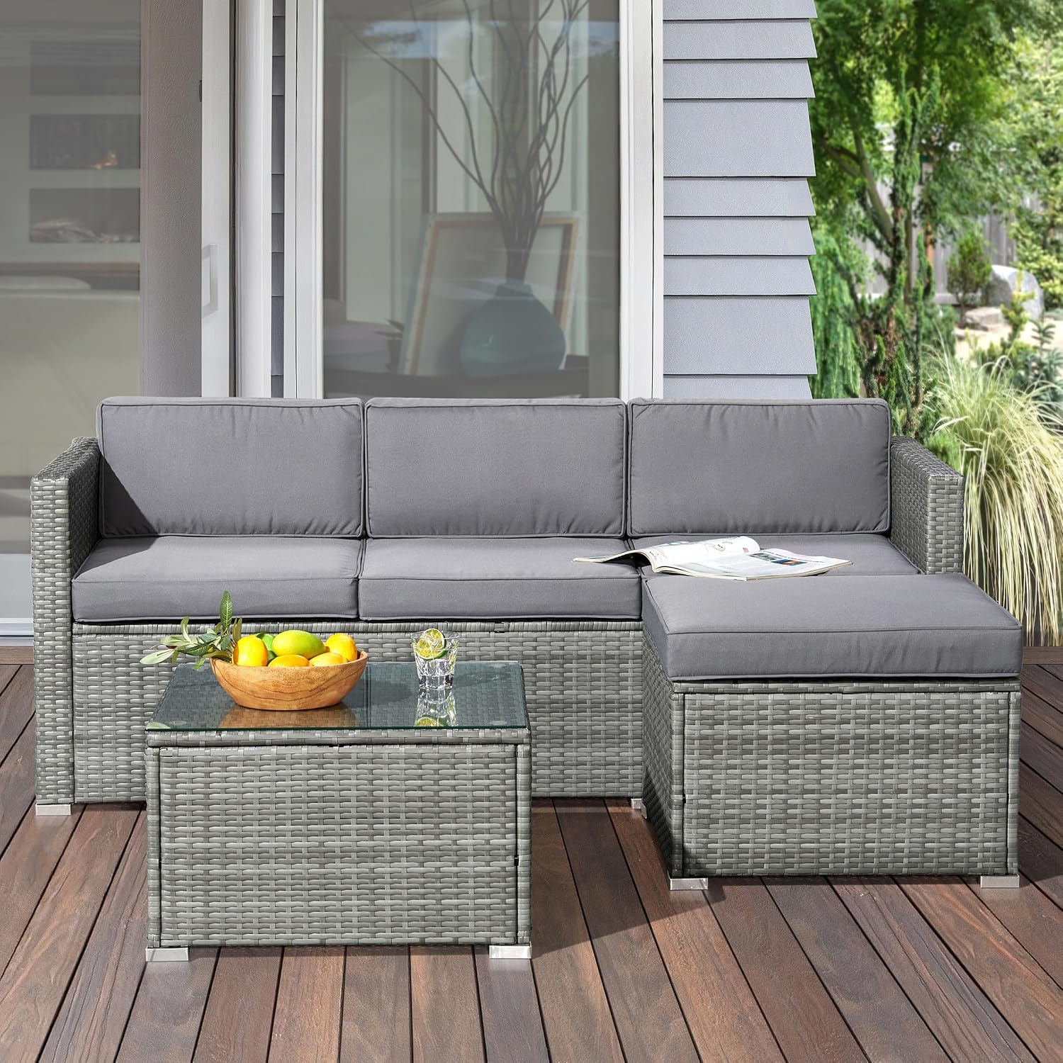 Patio Furniture Set - 3-Piece Rattan Outdoor Sectional, Ottoman, and Table Combo - Deck, Pool, Sunroom, or Backyard Furniture by Lavish Home (Gray)