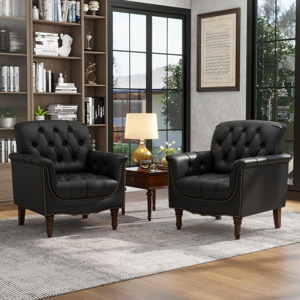 Lumibee Faux Leather Armchairs, Contemporary Accent Chairs Set of 2 with Nailhead Trims & Wood Legs for Living Room, Upholstered Comfy Arm Chairs for Office,Bedroom-Black