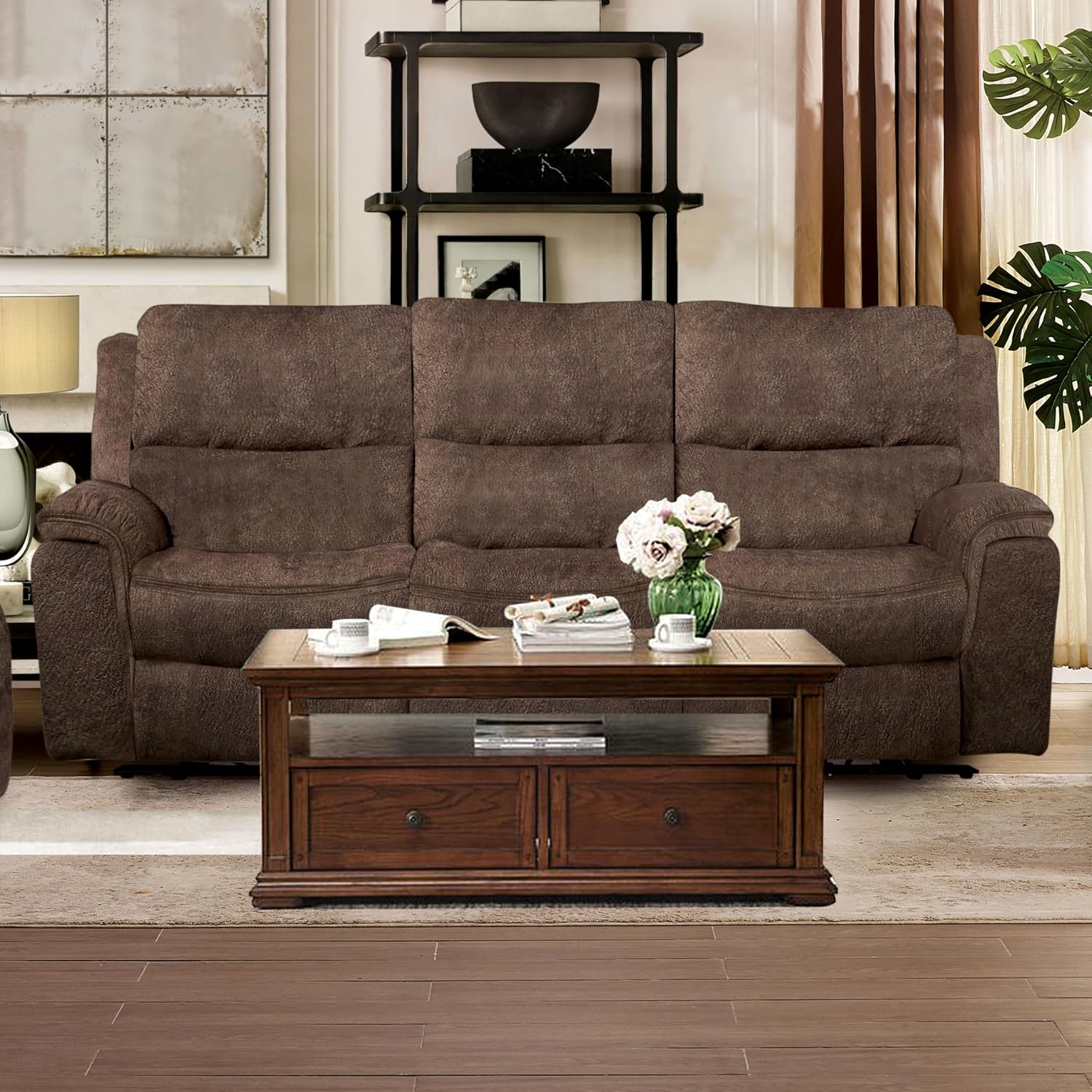 Furniture of America Rock Haven 88 inches Fabric Upholstered 3-Seater Power Recline Sofa with Pillow Top Arms for Living Room, Home Office, Dark Brown