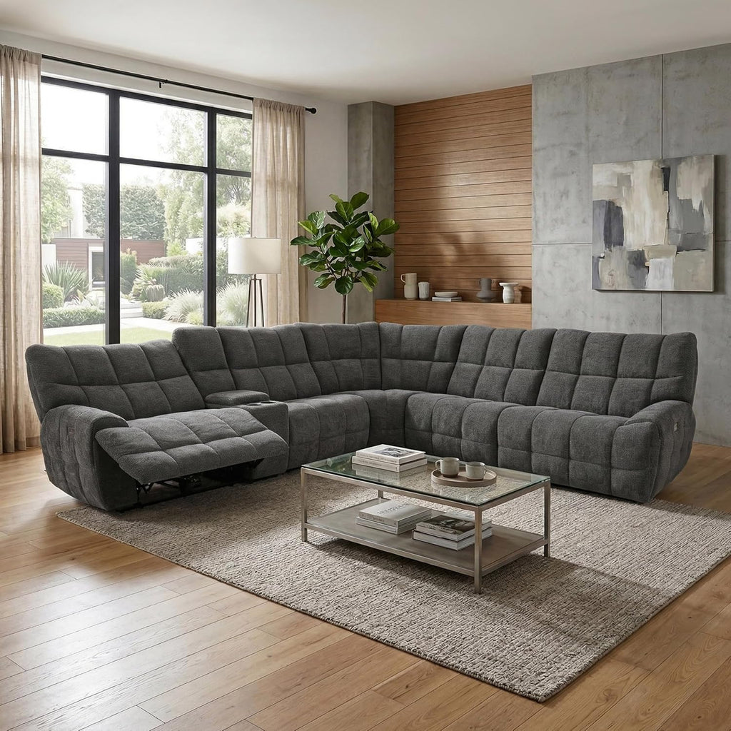 Furniture of America Tavie Modern Reclining Sofa with Storage Console and Cup Holders, Sectional Recliner, L Shaped Couch for Living Room, Home Theater, Playroom, Dark Grey