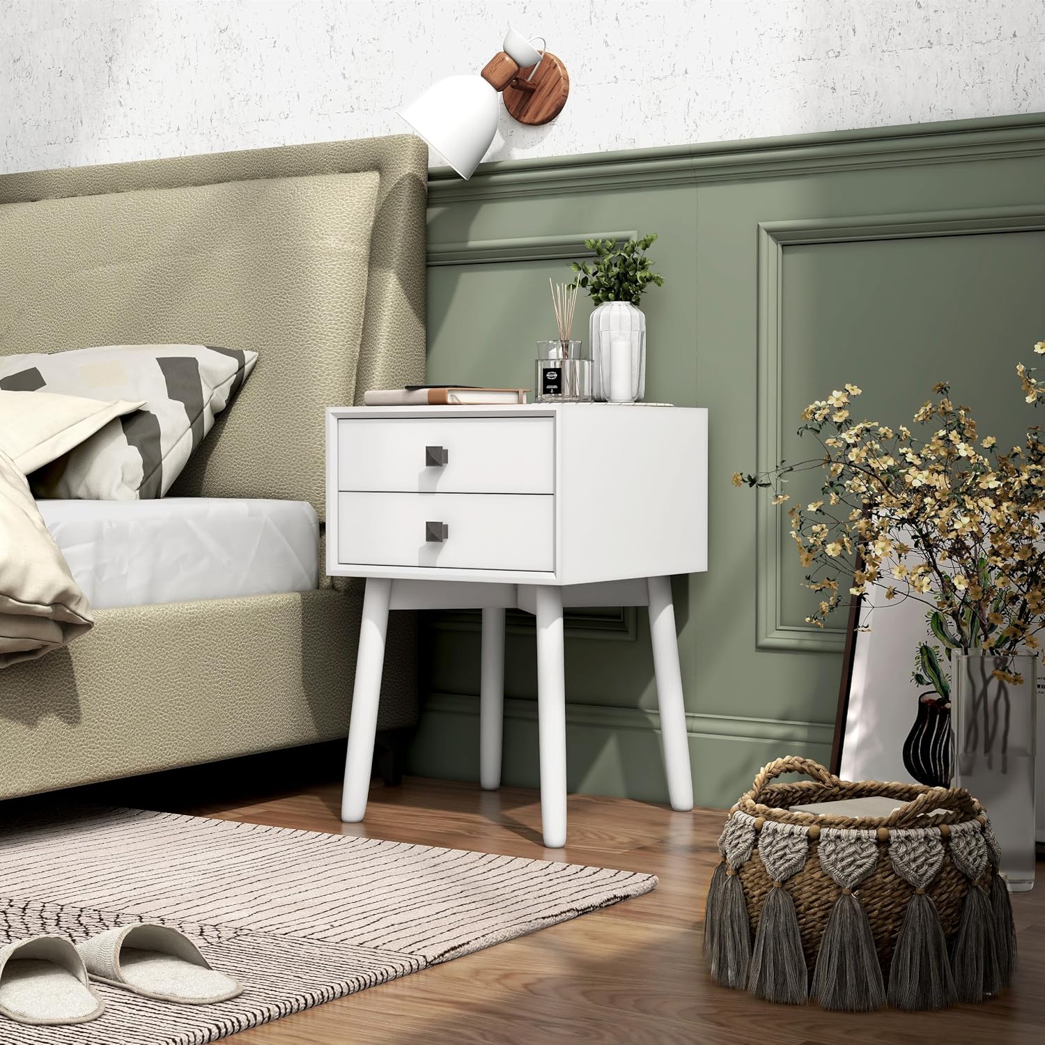 24/7 Shop at Home Goerge Mid-Century Modern Nightstand, Solid Rubber Wood Dresser, Small Bedside Tables with 2 Drawers, with Tapered Legs for Bedroom, Living Room, Home Office, White