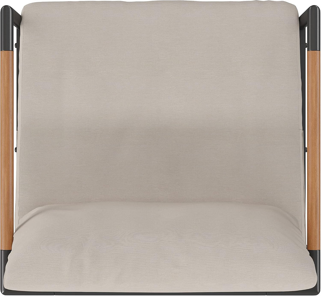 Flash Furniture Lea Indoor/Outdoor Patio Chair with Cushions - Modern Aluminum Framed Chair with Teak Accented Arms, Black with Beige Cushions