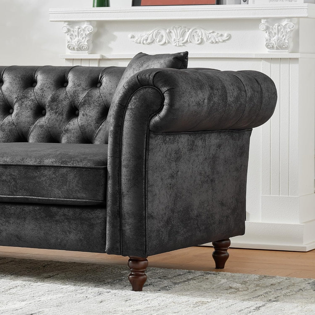 GDFStudio 66' Chesterfield Tech Loveseat Sofa Couch, Mid Century Modern 2 Seat Sofa & Couches with Pillows, Roll Armrest Upholstered Couch for Living Room Apartment Office Home Seating, Black