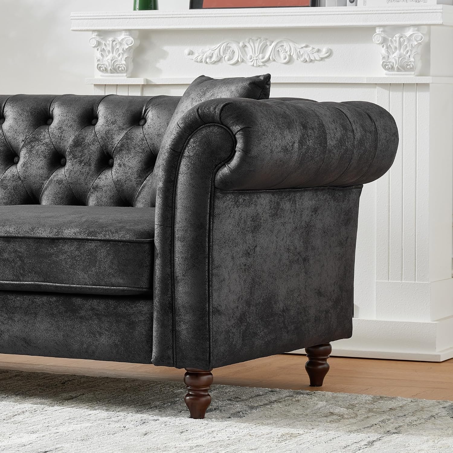 GDFStudio 66' Chesterfield Tech Loveseat Sofa Couch, Mid Century Modern 2 Seat Sofa & Couches with Pillows, Roll Armrest Upholstered Couch for Living Room Apartment Office Home Seating, Black
