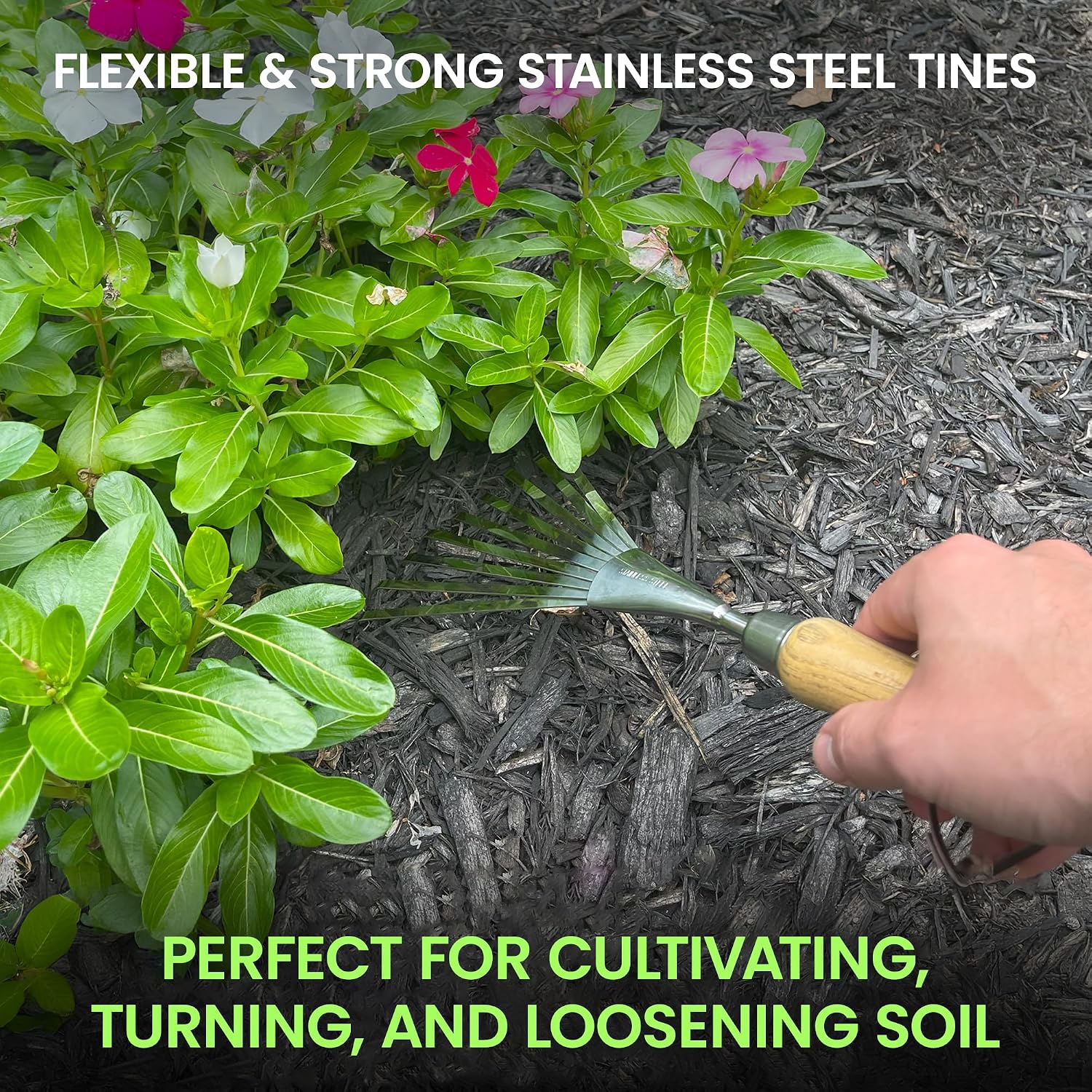 Garden Guru Eco Hand Rake Soil Tiller- 100% Recycled Stainless Steel - Rust Resistant - FSC Certified Wood Ergonomic Handle - Great for Gardening, Loosening Soil & Spreading Mulch - 1 Case (40 Pcs)