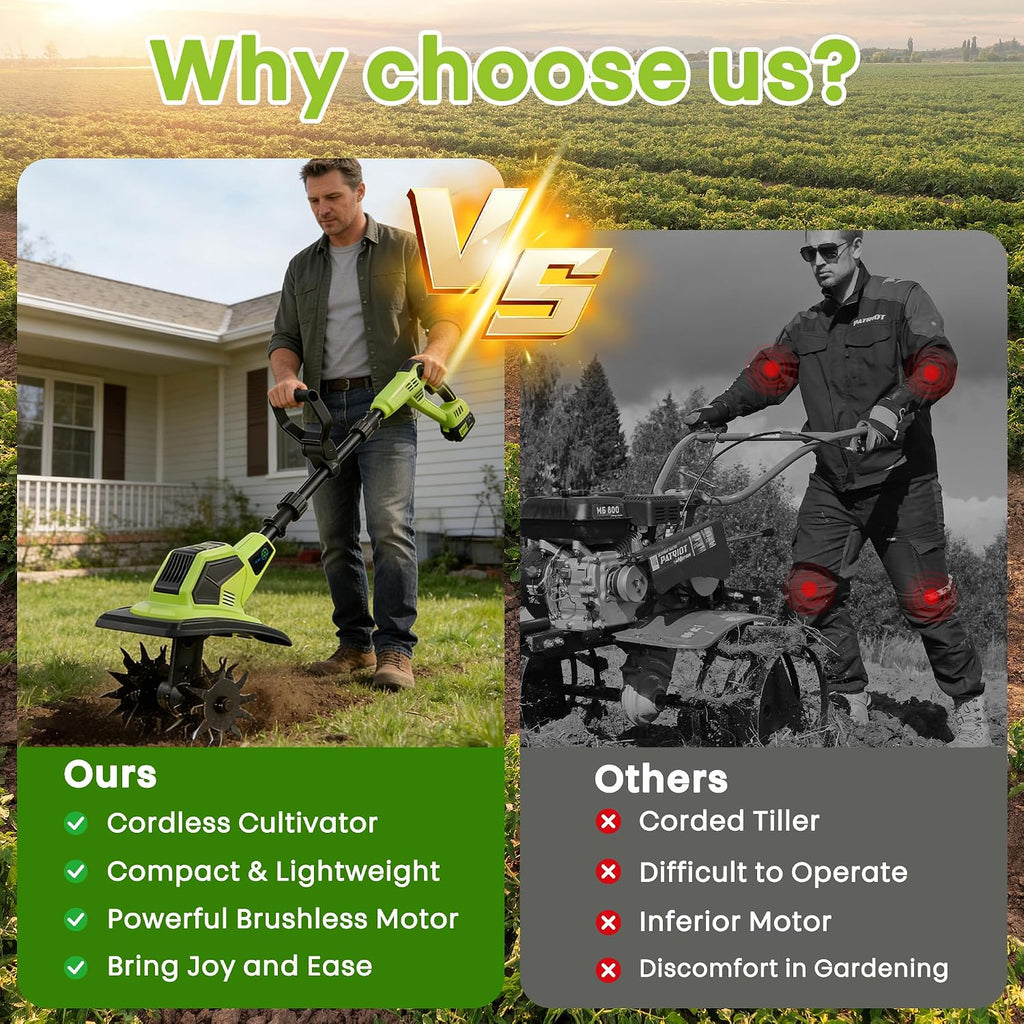 Cordless Electric Tiller for Gardening with 2 x 4.0AH Batteries, 9' Width & 6.7' Depth, 48 Steel Tines, Lightweight Rototiller for Soil Cultivation/Lawn, Gardening Gifts for Parents, Seniors