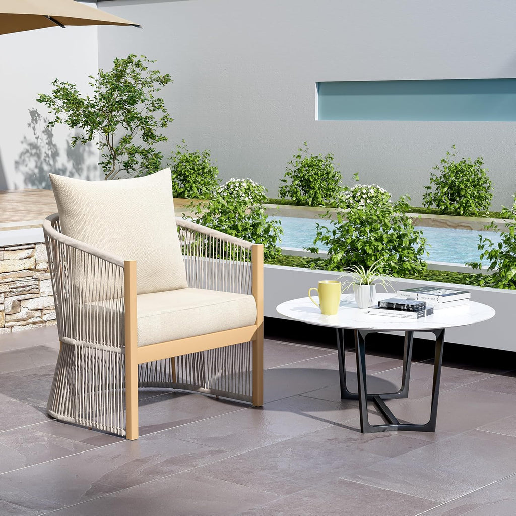 Christopher Knight Home Nadine Outdoor Rope Club Chair, Aluminum Woven Rope Accent Chair, Curved Back Armchair, Open-Weave Texture Lounge Chair with Cushion for Gardern Yard Balcony Poolside, Beige