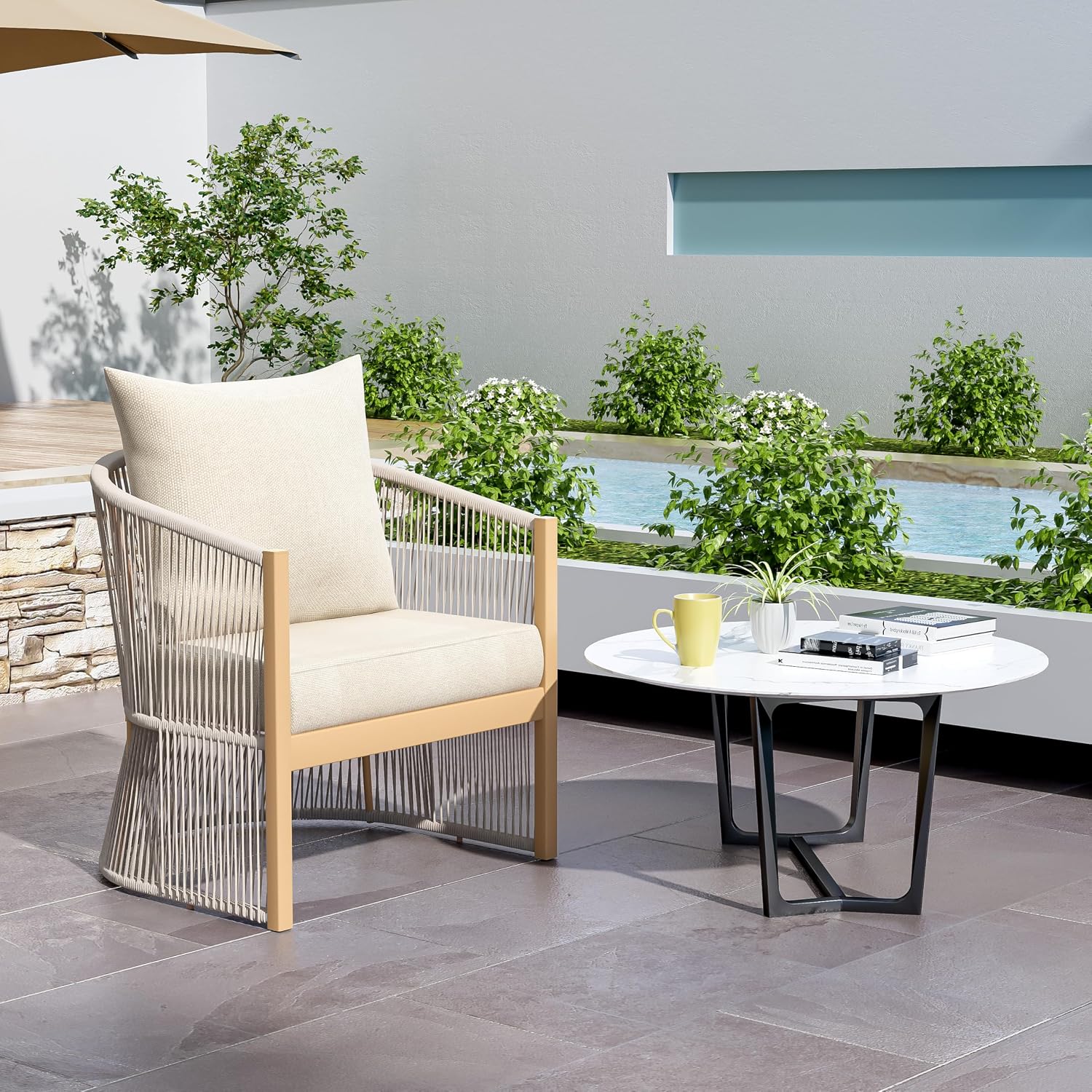 Christopher Knight Home Nadine Outdoor Rope Club Chair, Aluminum Woven Rope Accent Chair, Curved Back Armchair, Open-Weave Texture Lounge Chair with Cushion for Gardern Yard Balcony Poolside, Beige