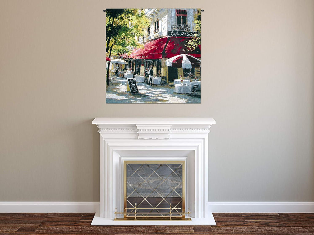 Cafe Franchetti by Brent Heighten | Woven Tapestry Wall Art Hanging | Parisian Street Scene | 100% Cotton USA Size 53x53