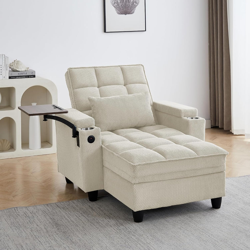 Eafurn 6-Position Adjustable Convertible Chaise Lounge Sleeper Chair with Storage, Modern Recliner Armchair with Swivel Tray Table & USB Port, Multi-Functional Tufted Accent Chair for Small Space
