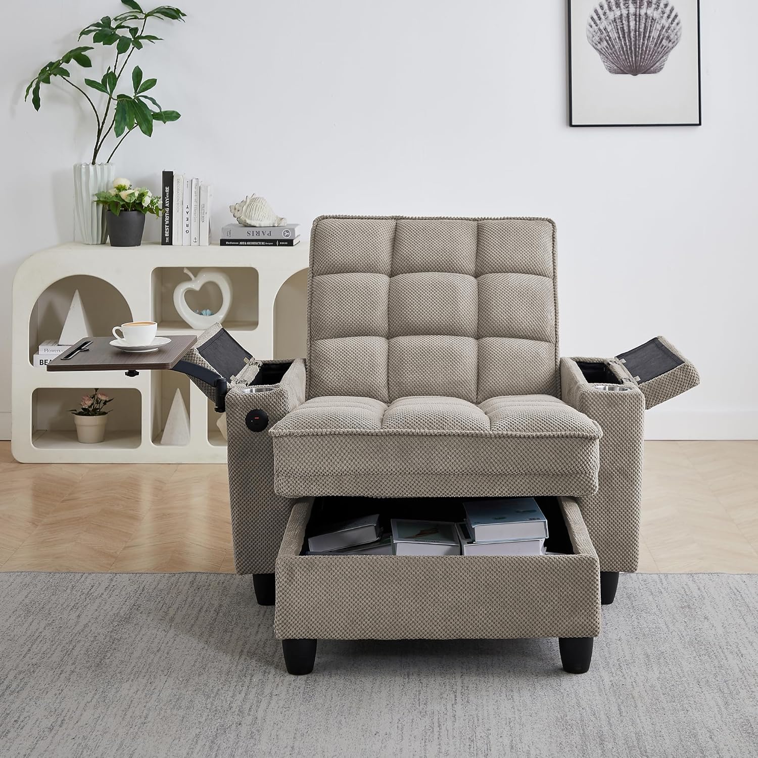 Eafurn Convertible Chaise Lounge Sleeper Chair with Storage and 6-Position Reclining Backrest,Modern Tufted Recliner Lounge Chaise Chair with Swivel Tray Table & USB Port for Living Room