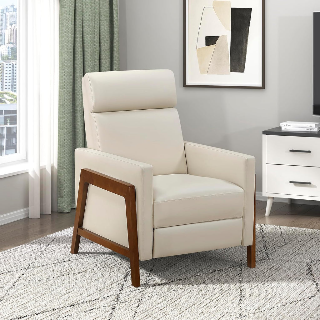 Lexicon Push Back Recliner Chair, Faux Leather Upholstered Reclining Chair with Footrest, Exposed Dark Brown Finish Wood Frame, Small Recliner for Small Space, Living Room, Bedroom, Light Beige