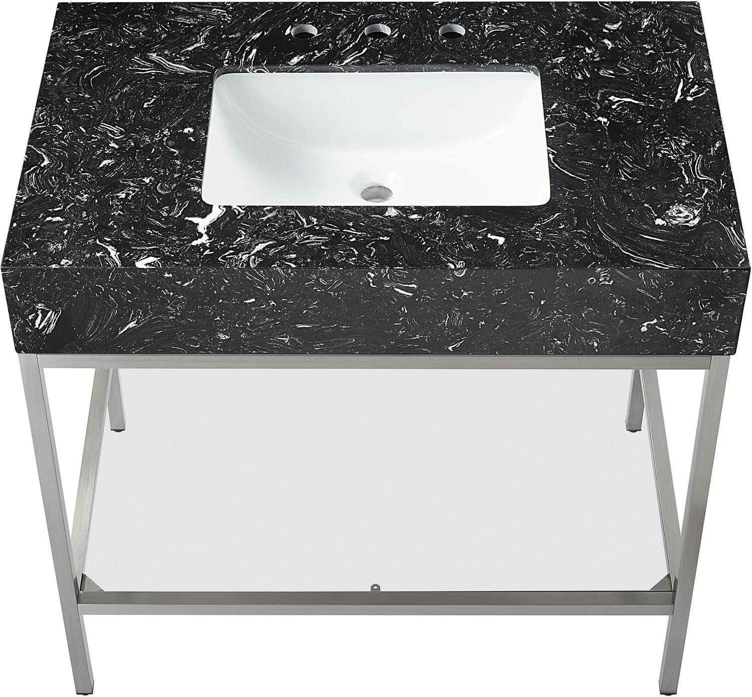 Meridian Furniture 408Black-36 Marmo Collection Modern | Contemporary Bathroom Vanity with Black Engineered Stone with White Veining, Brushed Chrome Stailness Steel Base, 36' W x 23' D x 34' H, Black