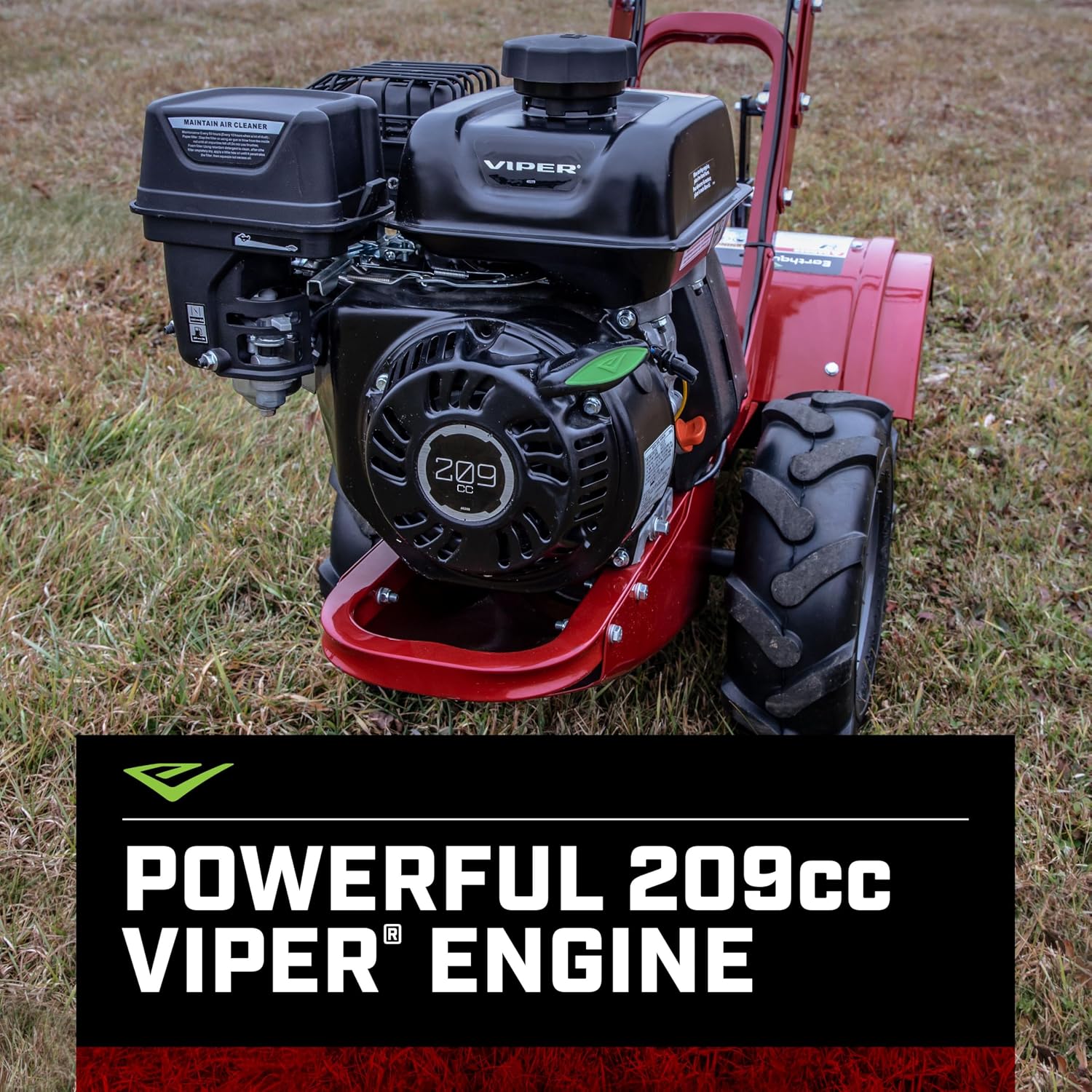 EARTHQUAKE Victory Rear Tine Tiller, Powerful 209cc 4-Cycle Viper Engine, Rugged Bronze Gear Transmission, Counter-Rotating Tines, Instant Reverse, Pneumatic Wheels, Model: 39381, Red/Black