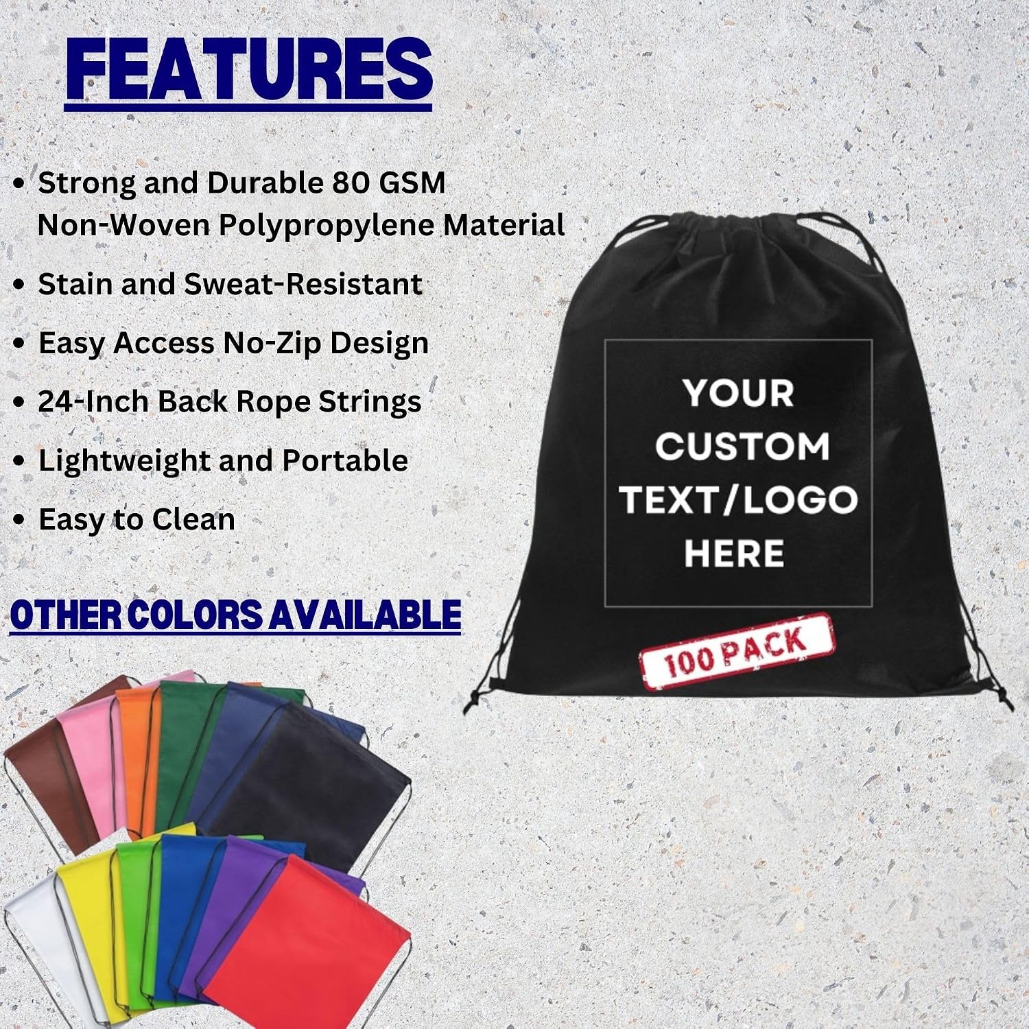 HANDSY Non-Woven Custom Drawstring Bags - Personalized Drawstring Backpack- Custom Bags with Logo for Traveling,Gym and Everyday Use (100, Black)