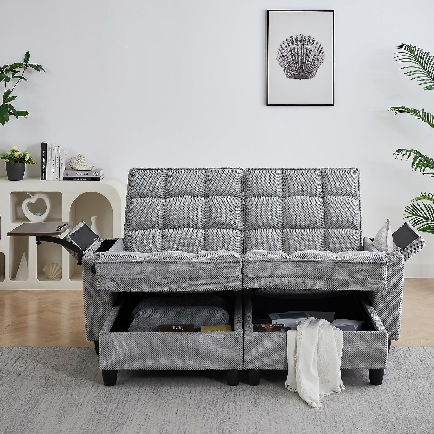 Eafurn Double Chaise Lounge Convertible Sleeper Chair Sofabed W/Storage and 6-Position Reclining Backrest, Modern Tufted Recliner Lounge Chaise Couch with Swivel Table & USB for Living Room