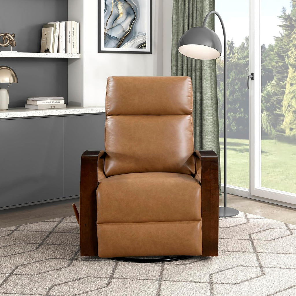 Lexicon 360 Degree Swivel Glider Reclining Chair, Breathable Faux Leather Manual Recliner, Comfy Nursery Glider Recliner, Wood Arms, Pull Handle for Living Room/Office/Bedroom/Apartment, Camel Brown