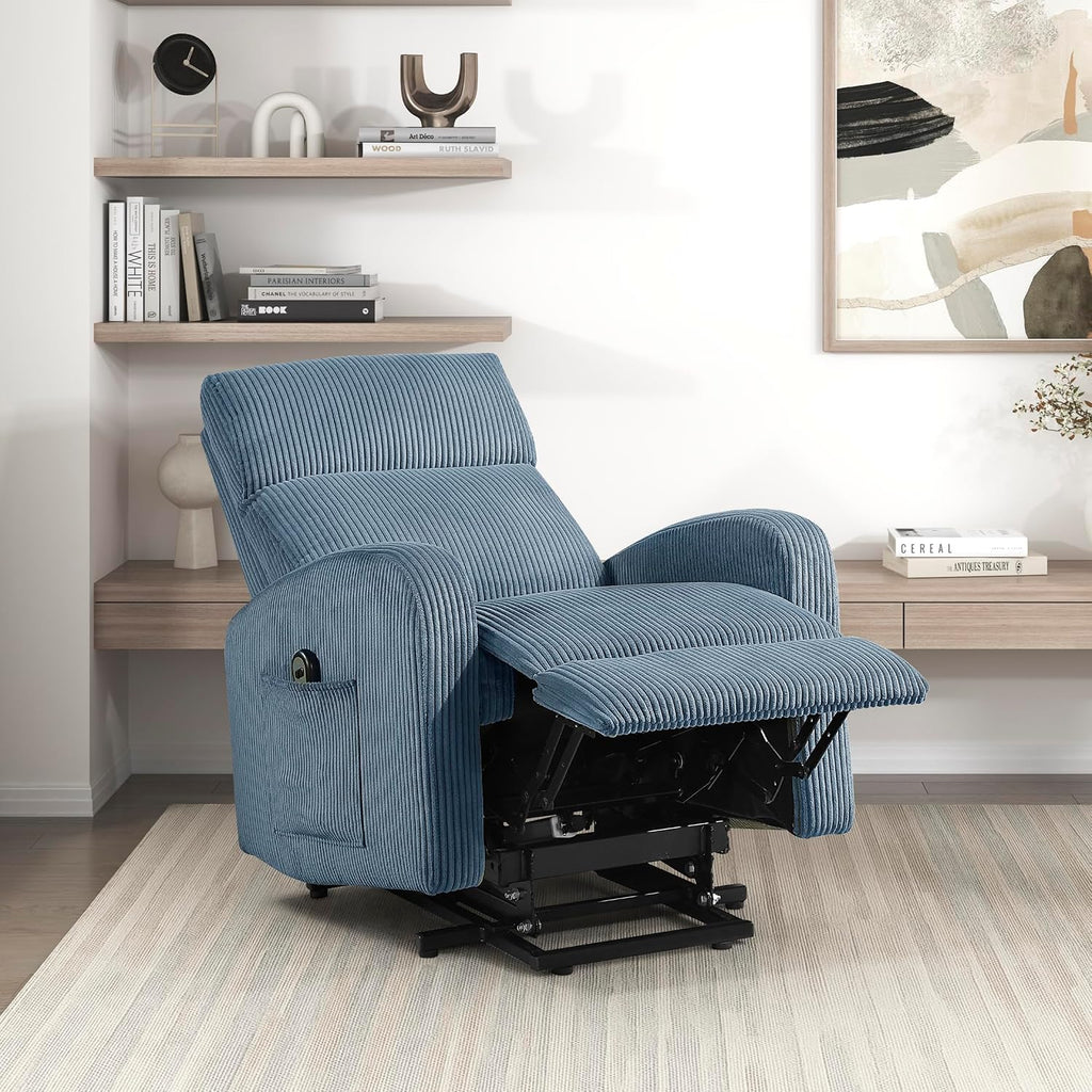 Lexicon Power Lift Recliner Chair for Elderly with Remote Control, Gentle Lift Motion, Side Pocket Armrest, Corduroy Upholstered Electric Recliner for Living Room/Bedroom, Easy Assembly, Midnight Blue